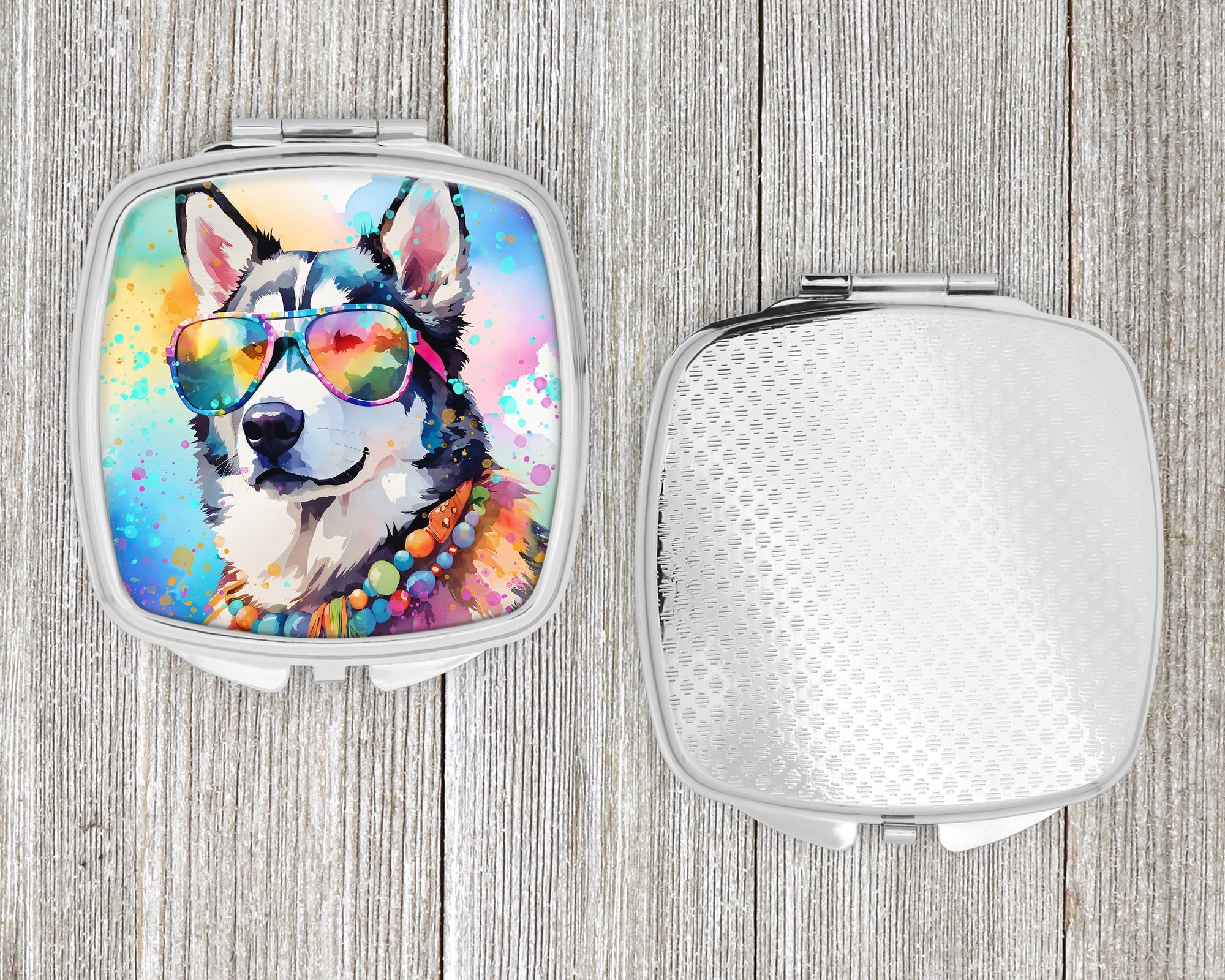 Siberian Husky Hippie Dawg Compact Mirror Decorative Travel Makeup Mirror for Women Girls Gifts Pocket Makeup Mirror Folding Handheld