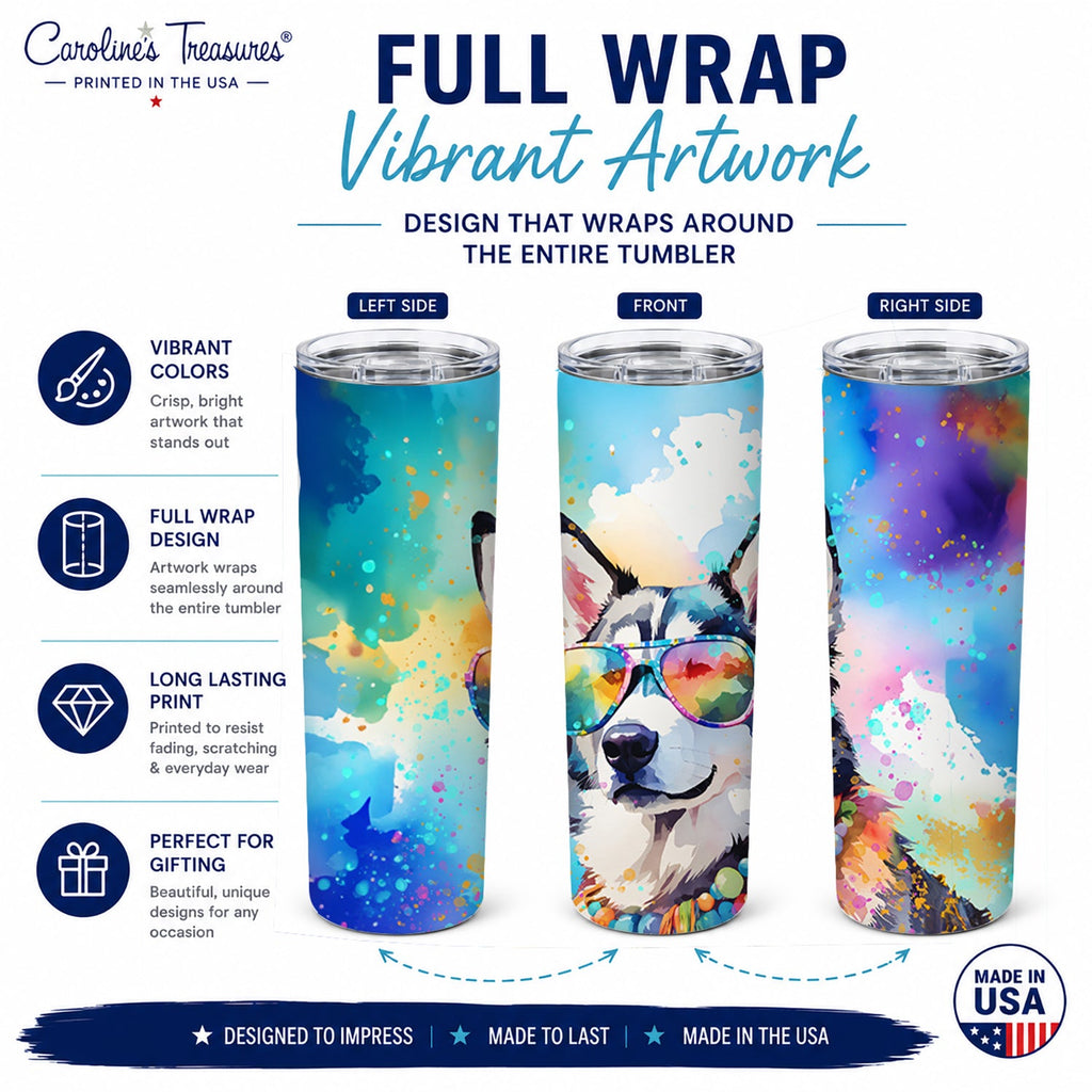 Siberian Husky Hippie Dawg Stainless Steel Skinny Tumbler 20 oz Vacuum Double Walled Reusable Insulated Travel Cup
