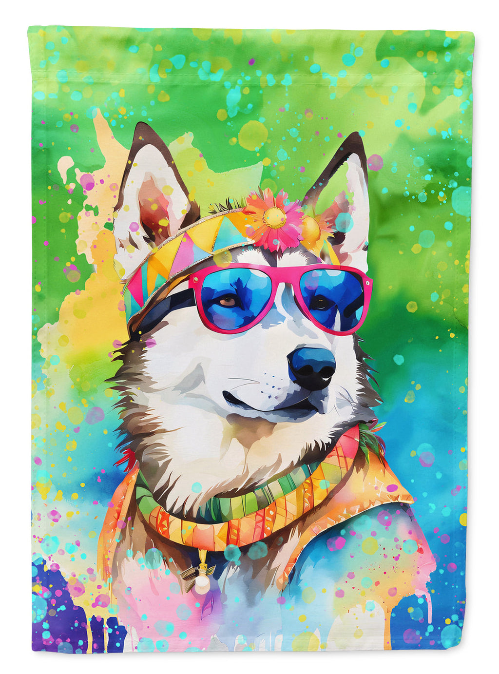 Siberian Husky Hippie Dawg House Flag 28x40 Porch Sleeve Pole Decorative Outside Yard Banner Artwork Wall Hanging, Polyester