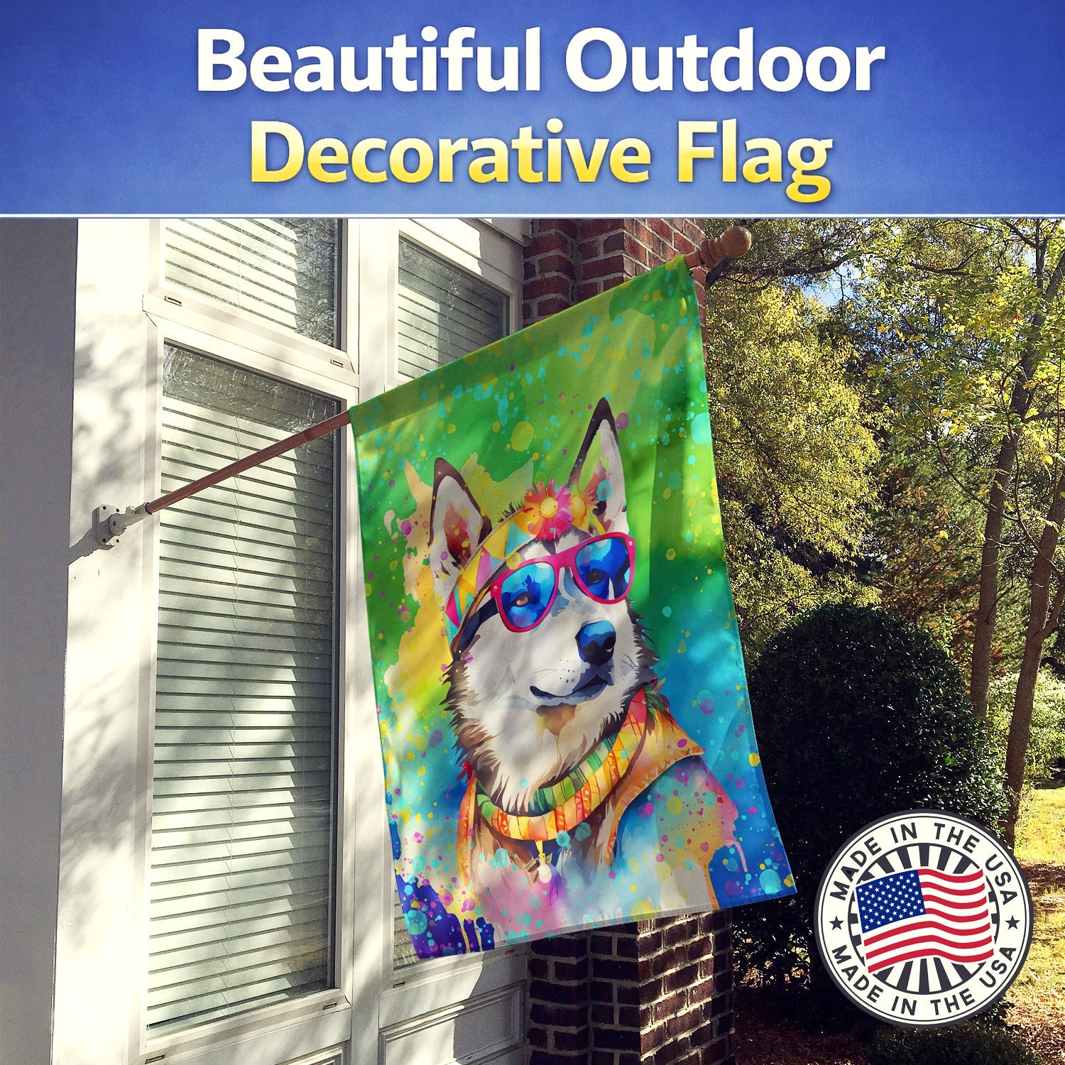 Siberian Husky Hippie Dawg House Flag 28x40 Porch Sleeve Pole Decorative Outside Yard Banner Artwork Wall Hanging, Polyester