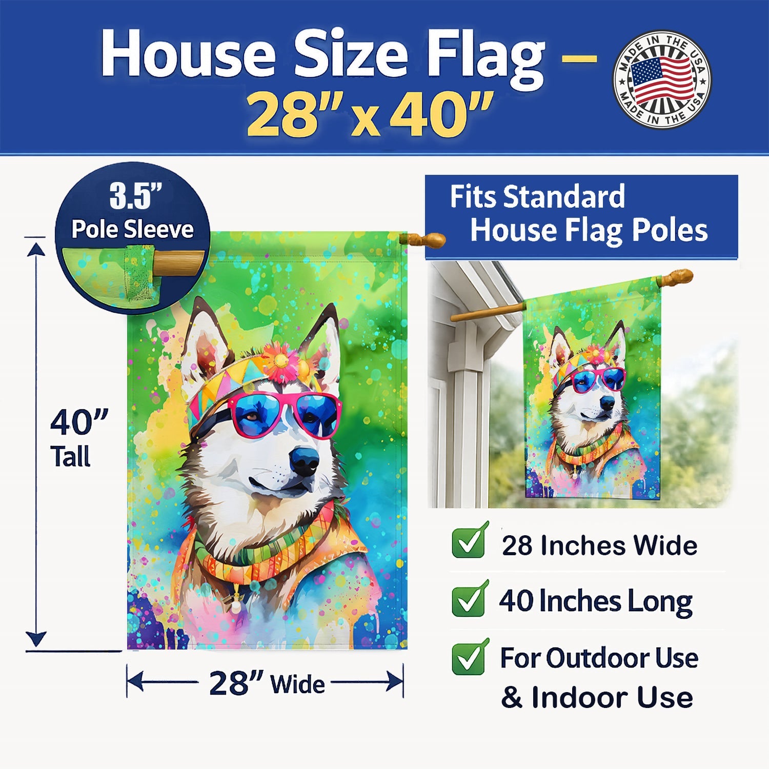 Siberian Husky Hippie Dawg House Flag 28x40 Porch Sleeve Pole Decorative Outside Yard Banner Artwork Wall Hanging, Polyester