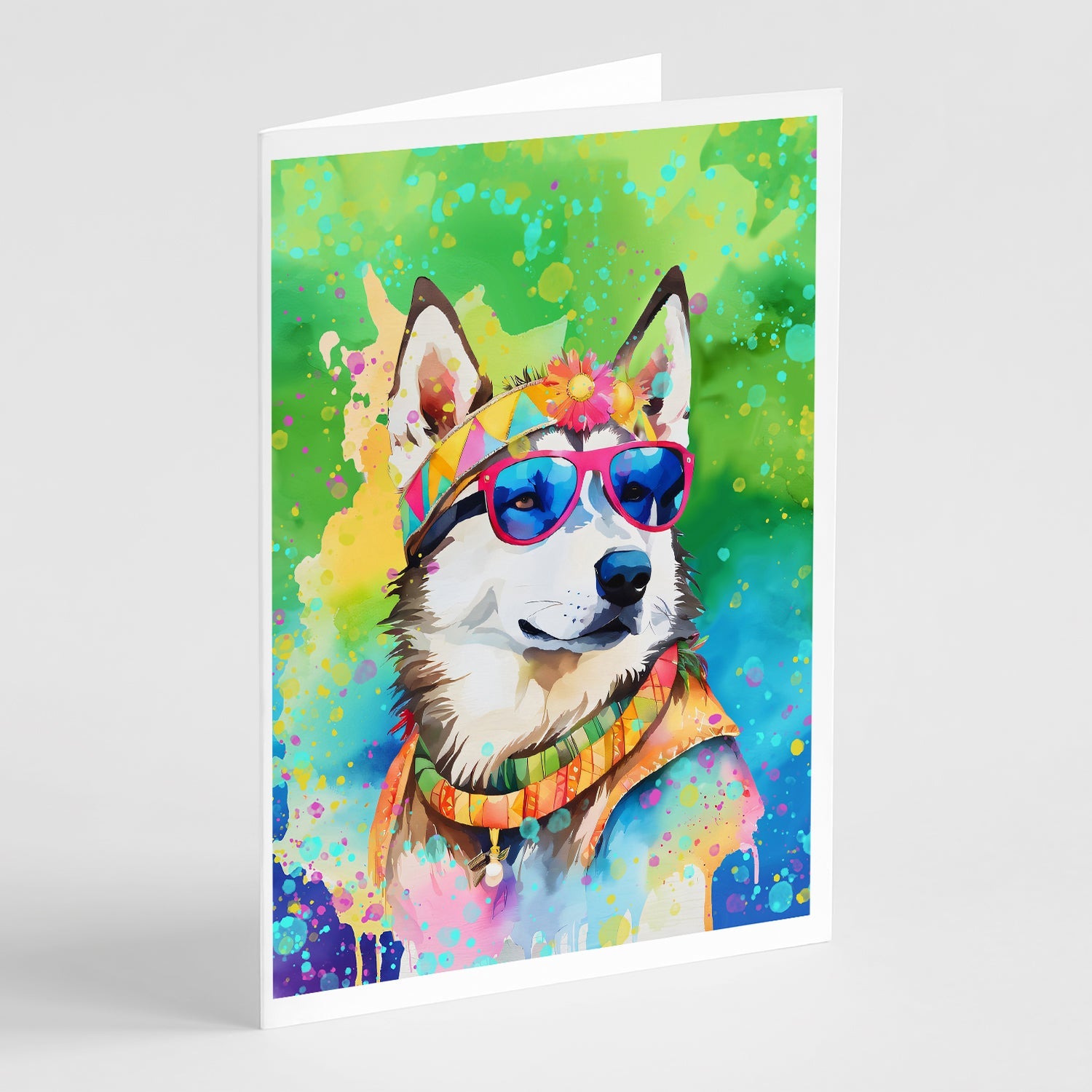 Siberian Husky Hippie Dawg Greeting Cards Pack of 8 Blank Cards with Envelopes Whimsical A7 Size 5x7