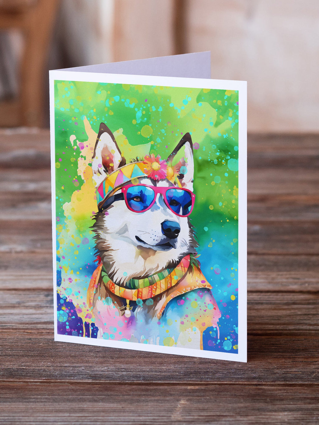 Siberian Husky Hippie Dawg Greeting Cards Pack of 8 Blank Cards with Envelopes Whimsical A7 Size 5x7