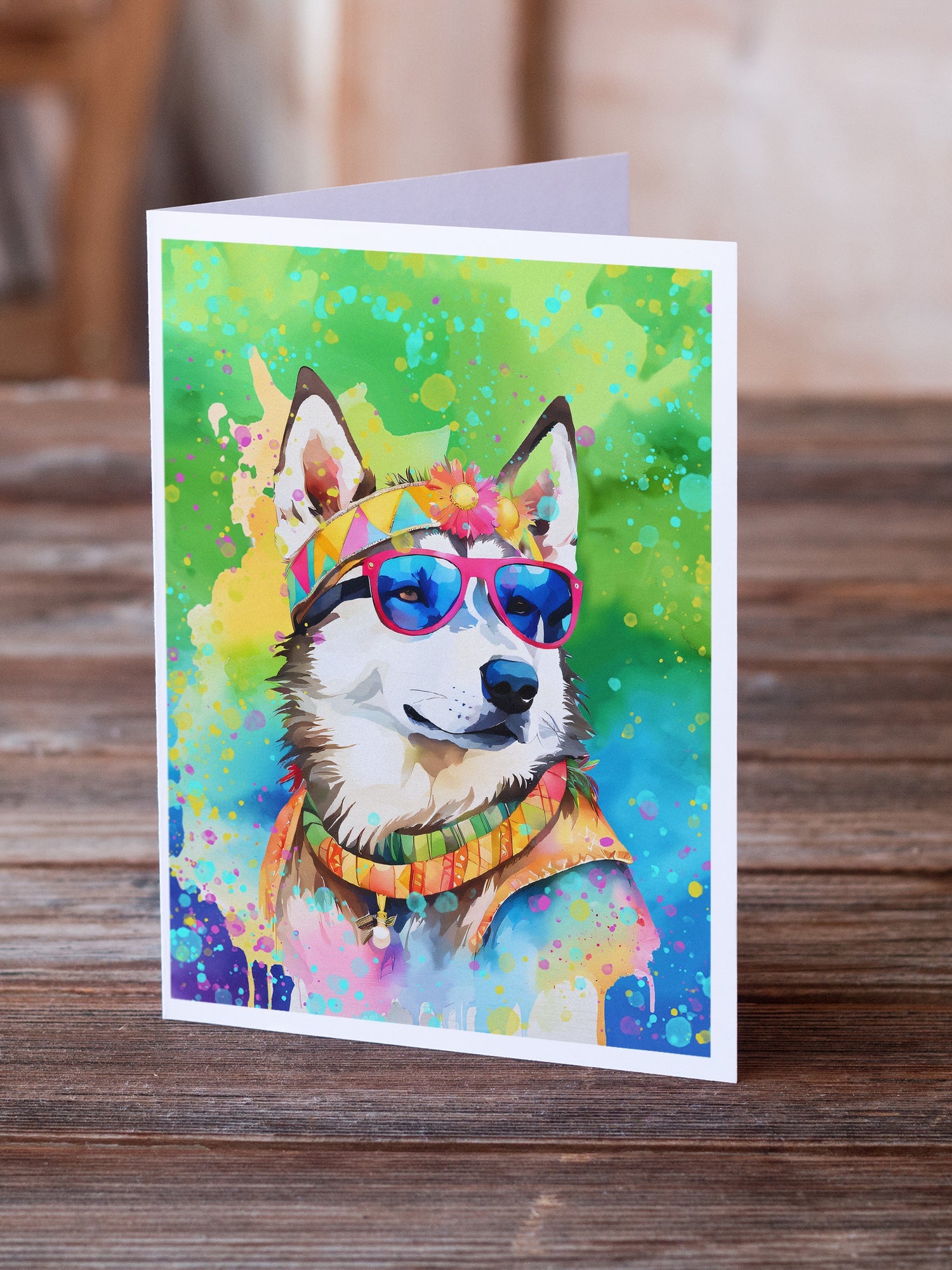 Siberian Husky Hippie Dawg Greeting Cards Pack of 8 Blank Cards with Envelopes Whimsical A7 Size 5x7