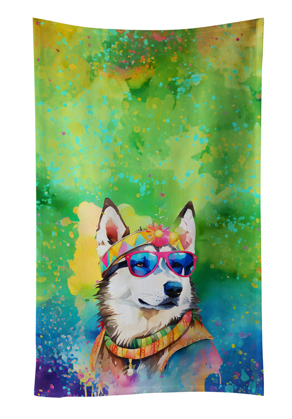 Siberian Husky Hippie Dawg Kitchen Towel Velour Plush Front and Cotton Loop Back Machine Washable