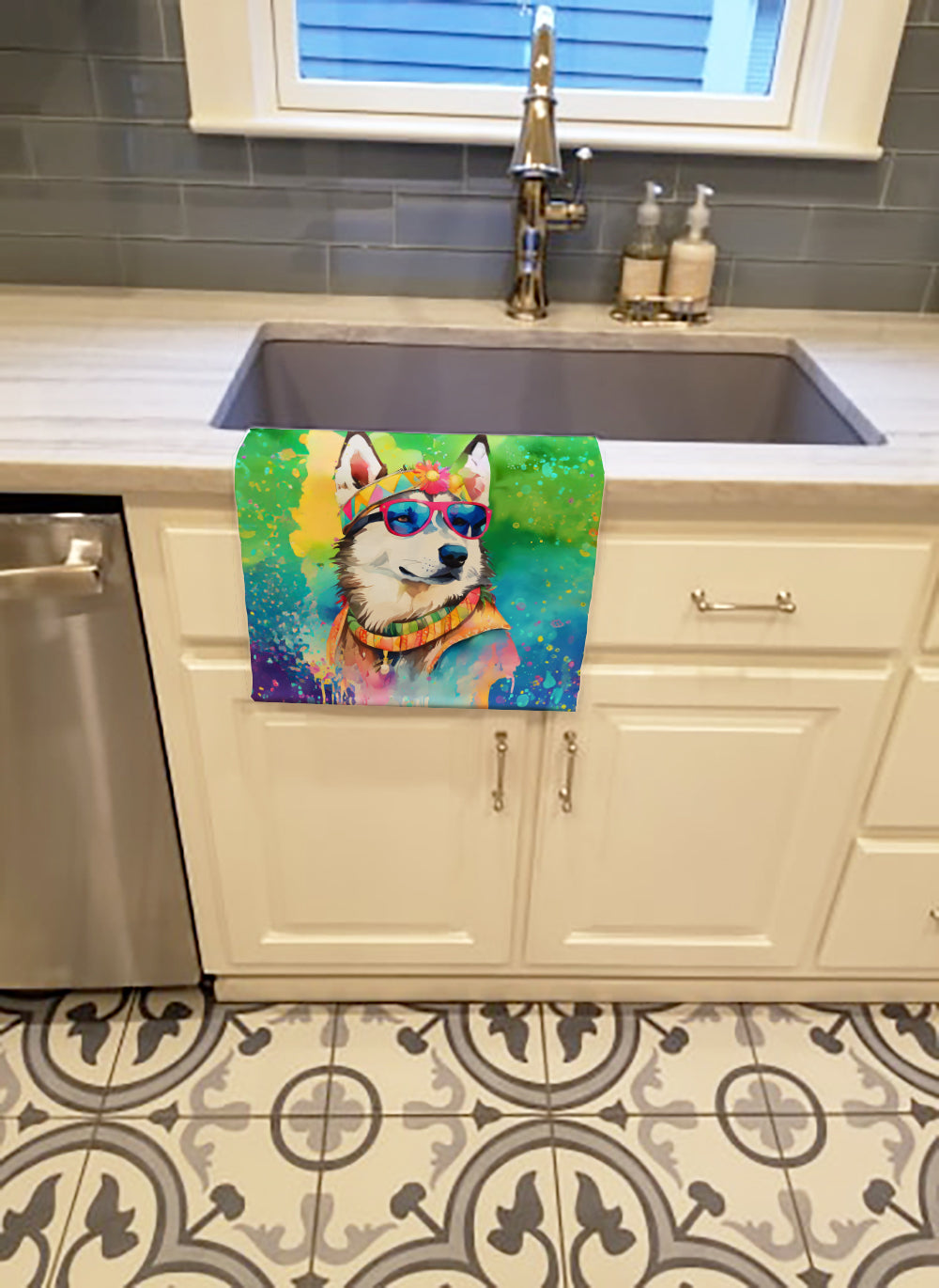 Siberian Husky Hippie Dawg Kitchen Towel Velour Plush Front and Cotton Loop Back Machine Washable