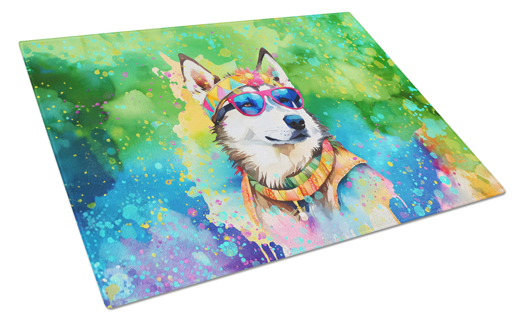 Siberian Husky Hippie Dawg Cutting Board Tempered Glass Kitchen Cutting Surface, Heat Resistant Chopping, Non-Slip Feet, Food Prep & Serving