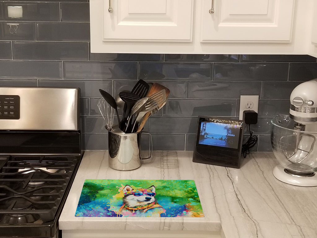 Siberian Husky Hippie Dawg Cutting Board Tempered Glass Kitchen Cutting Surface, Heat Resistant Chopping, Non-Slip Feet, Food Prep & Serving