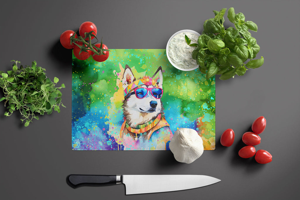 Siberian Husky Hippie Dawg Cutting Board Tempered Glass Kitchen Cutting Surface, Heat Resistant Chopping, Non-Slip Feet, Food Prep & Serving