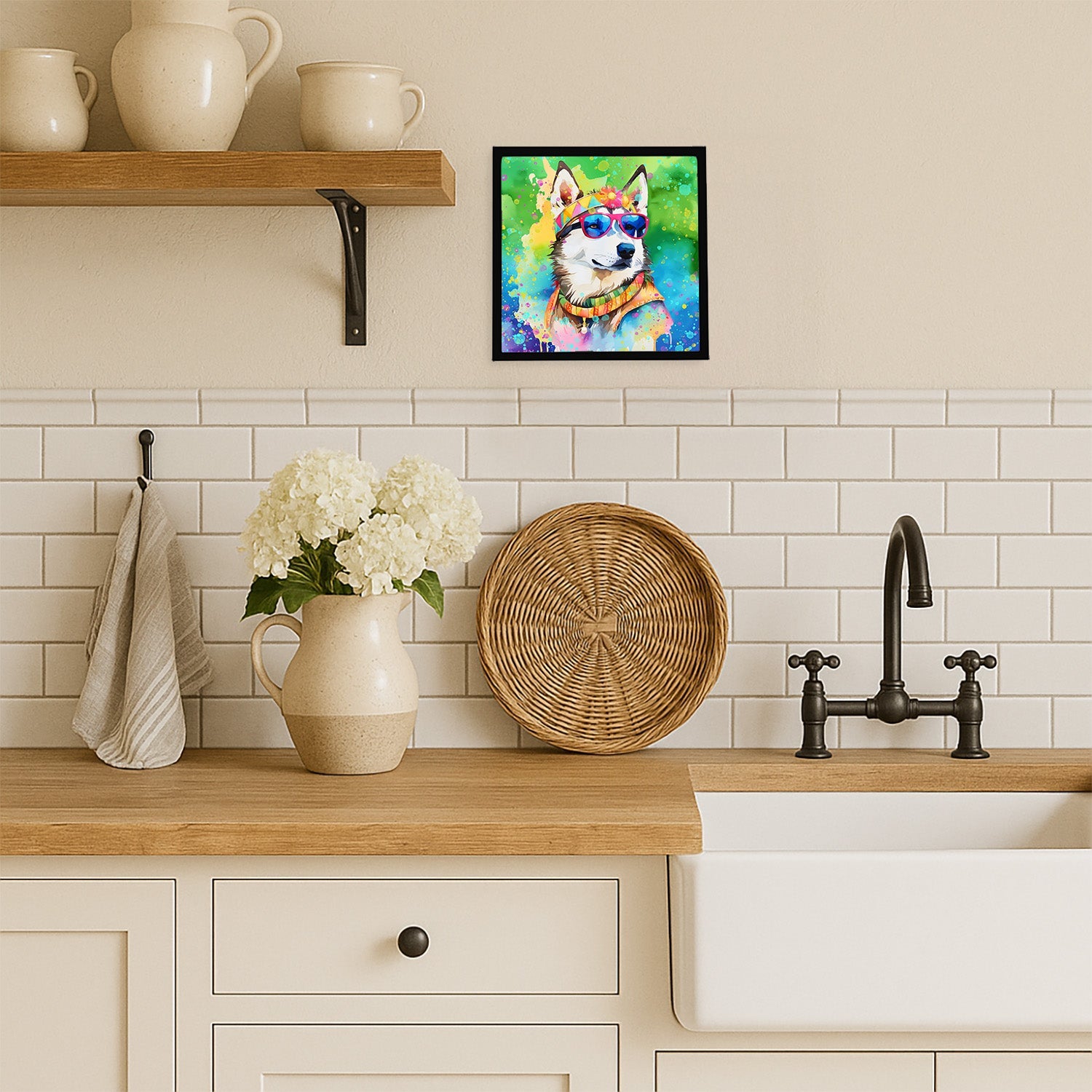 Siberian Husky Hippie Dawg Framed Metal Print Bathroom, Kitchen, Office, Home Decor Wall Art Ready to Hang, Square, 8X8