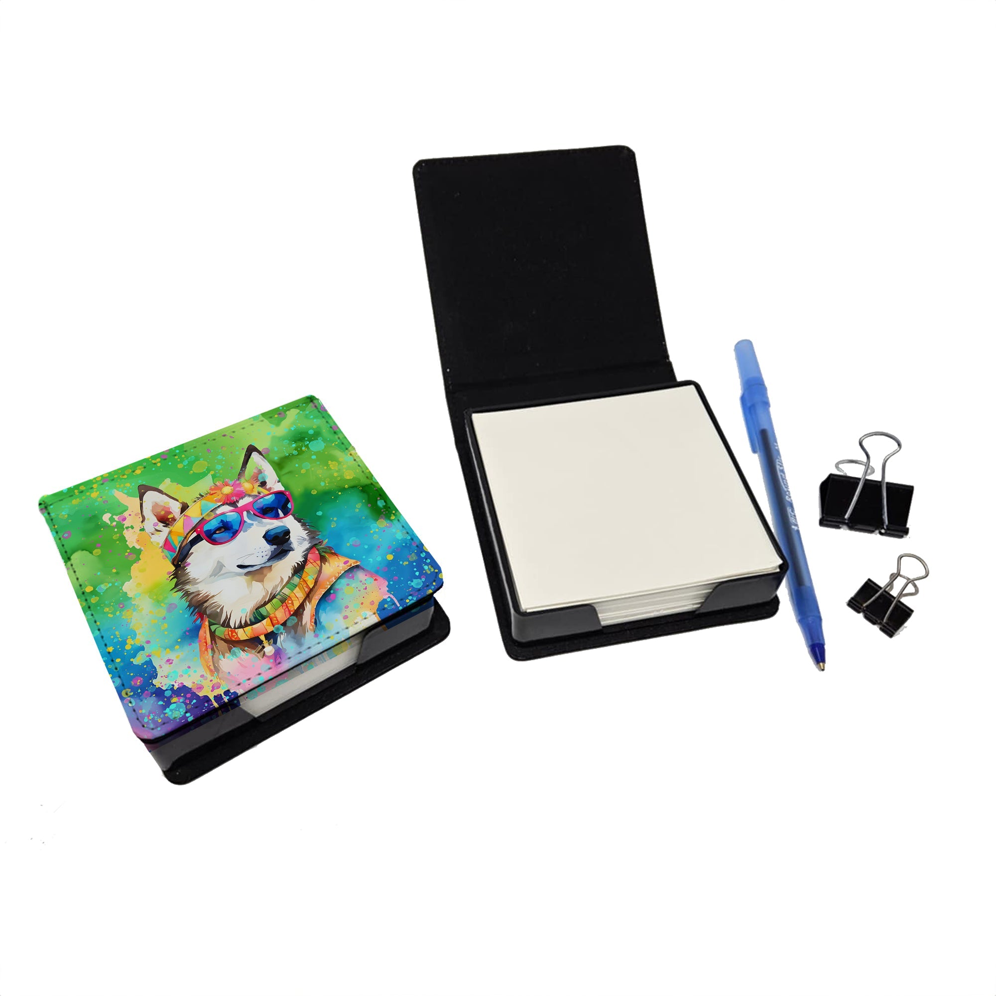 Siberian Husky Hippie Dawg PU Leather Note Paper Holder with Artist-Designed Cover, Desk Accessory, Office Gift