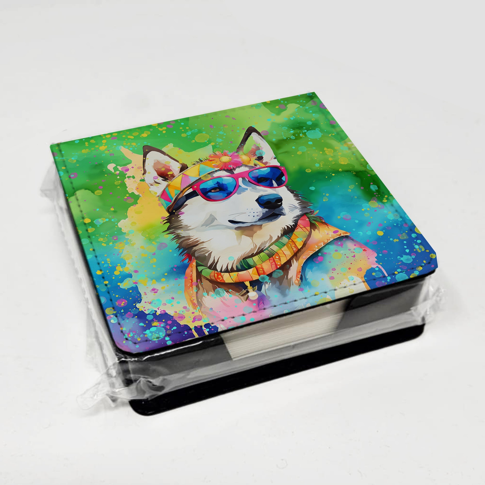 Siberian Husky Hippie Dawg PU Leather Note Paper Holder with Artist-Designed Cover, Desk Accessory, Office Gift