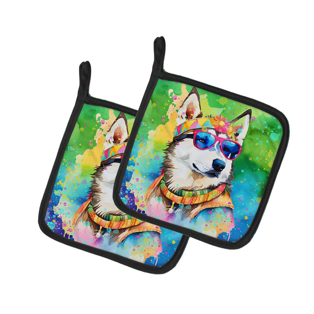 Siberian Husky Hippie Dawg Pot Holder Set of 2 Heat Resistant Quilted Hot Pads 7.5 x 7.5 Inch, Insulated Kitchen Trivets for Cooking & Baking