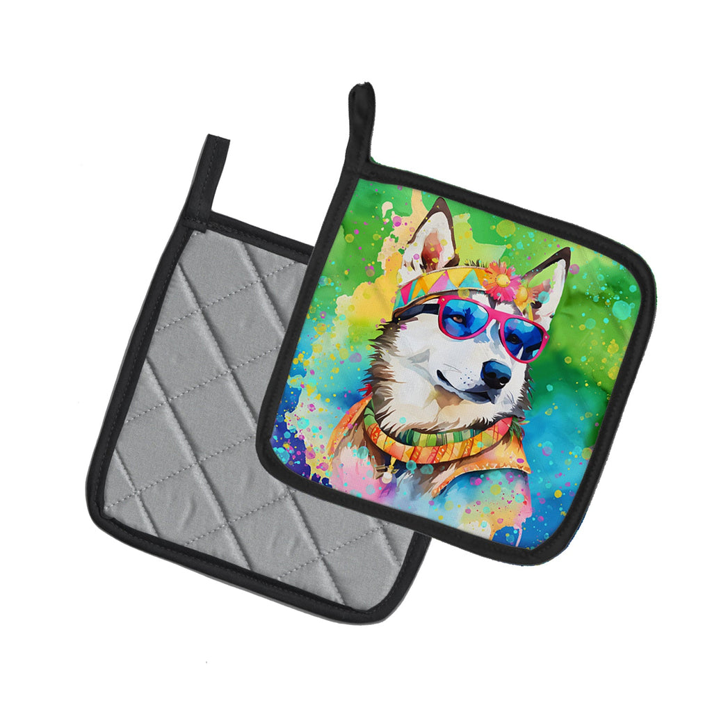 Siberian Husky Hippie Dawg Pot Holder Set of 2 Heat Resistant Quilted Hot Pads 7.5 x 7.5 Inch, Insulated Kitchen Trivets for Cooking & Baking