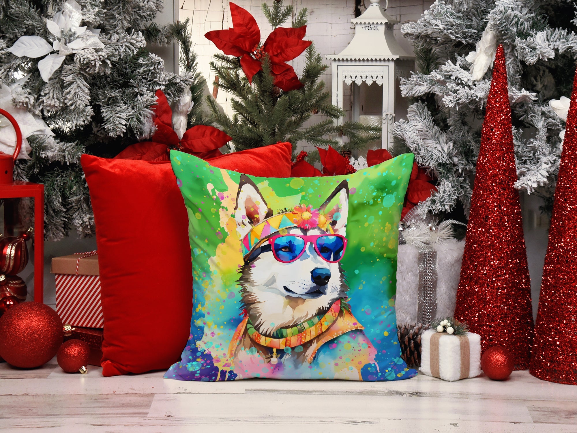 Siberian Husky Hippie Dawg Decorative Throw Pillow 14x14 Indoor Outdoor Accent Cushion, Fabric Cover with Insert for Sofa, Bed, Porch & Living Room