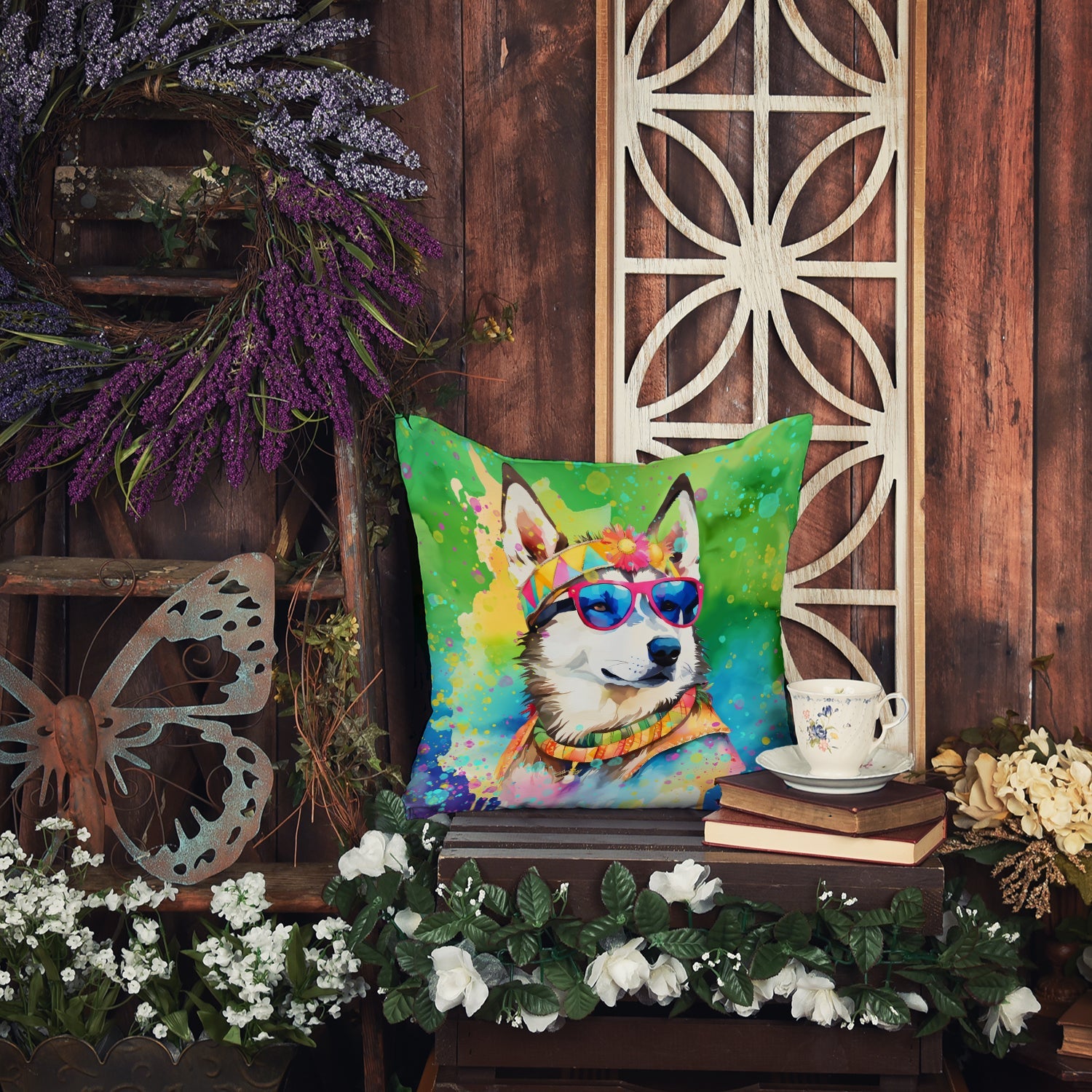 Siberian Husky Hippie Dawg Decorative Throw Pillow 14x14 Indoor Outdoor Accent Cushion, Fabric Cover with Insert for Sofa, Bed, Porch & Living Room