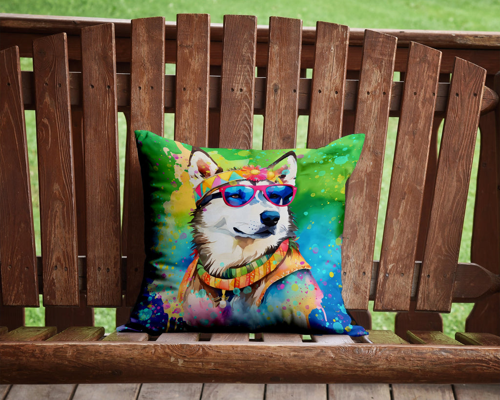 Siberian Husky Hippie Dawg Decorative Throw Pillow 14x14 Indoor Outdoor Accent Cushion, Fabric Cover with Insert for Sofa, Bed, Porch & Living Room