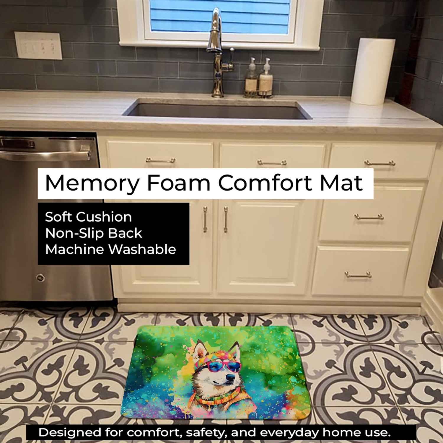 Siberian Husky Hippie Dawg Memory Foam Kitchen Mat Machine Washable Anti-Fatigue Cushion Comfort Bath or Kitchen Rug