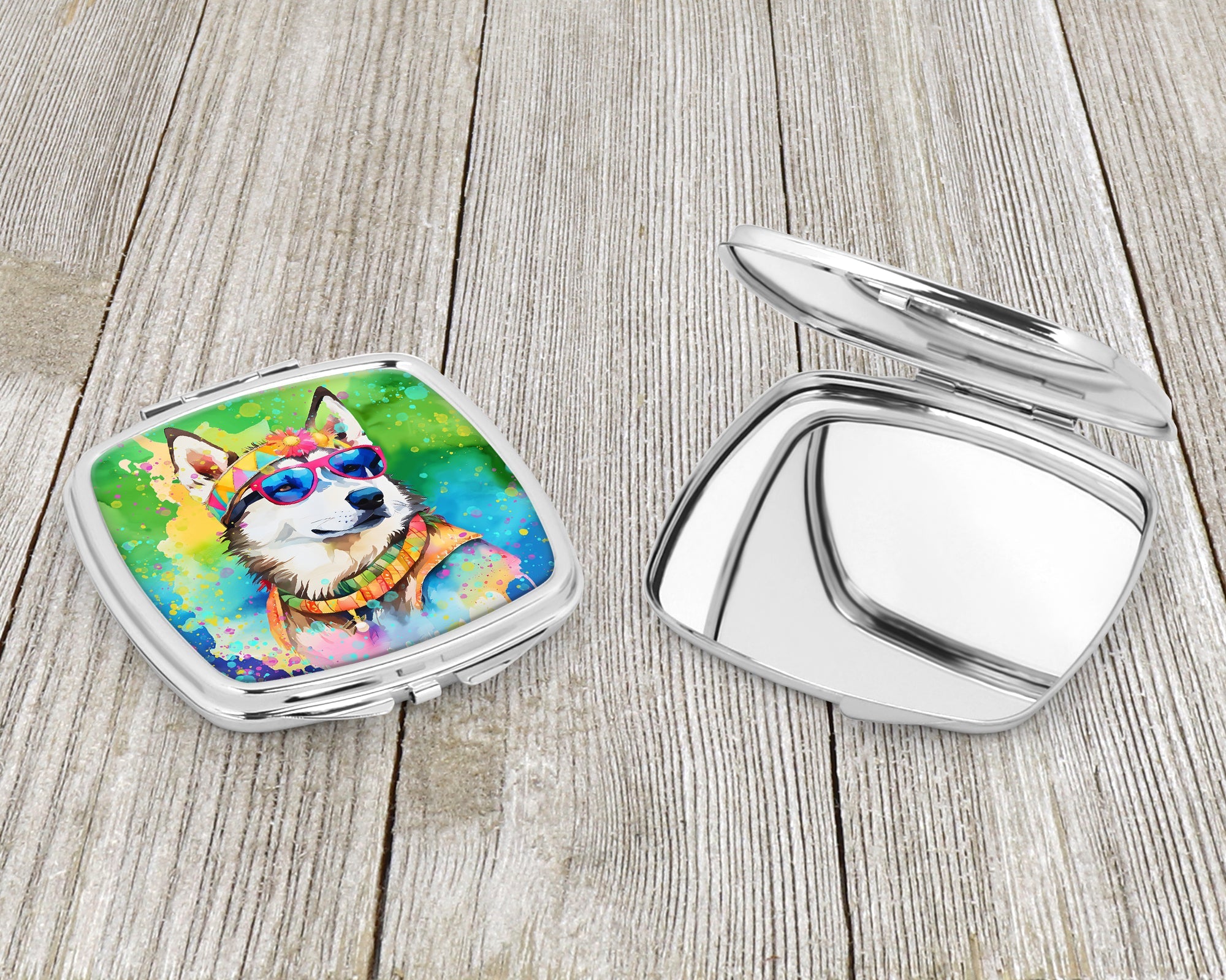 Siberian Husky Hippie Dawg Compact Mirror Decorative Travel Makeup Mirror for Women Girls Gifts Pocket Makeup Mirror Folding Handheld