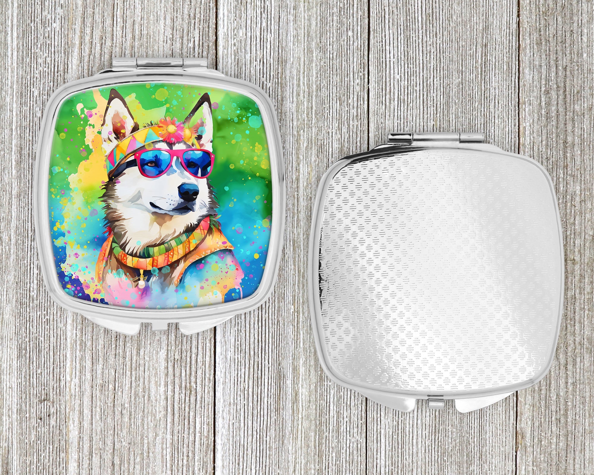 Siberian Husky Hippie Dawg Compact Mirror Decorative Travel Makeup Mirror for Women Girls Gifts Pocket Makeup Mirror Folding Handheld