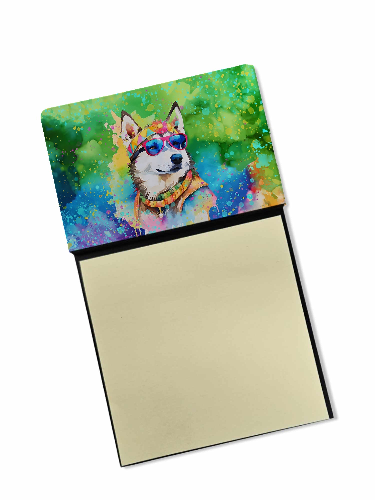 Siberian Husky Hippie Dawg Watercolor Sticky Note Holder Refillable Dispenser Desk Accessory 3x3 Pad Gift