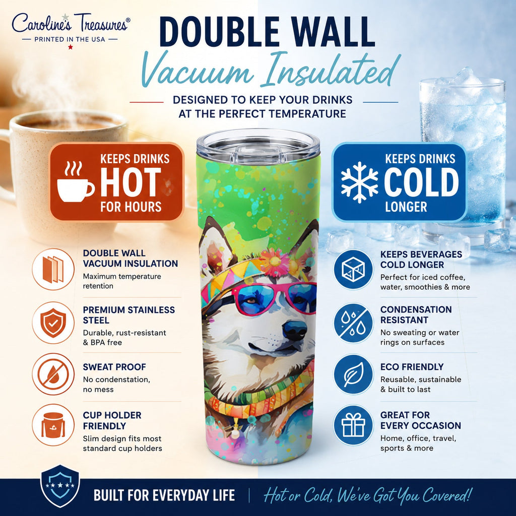 Siberian Husky Hippie Dawg Stainless Steel Skinny Tumbler 20 oz Vacuum Double Walled Reusable Insulated Travel Cup