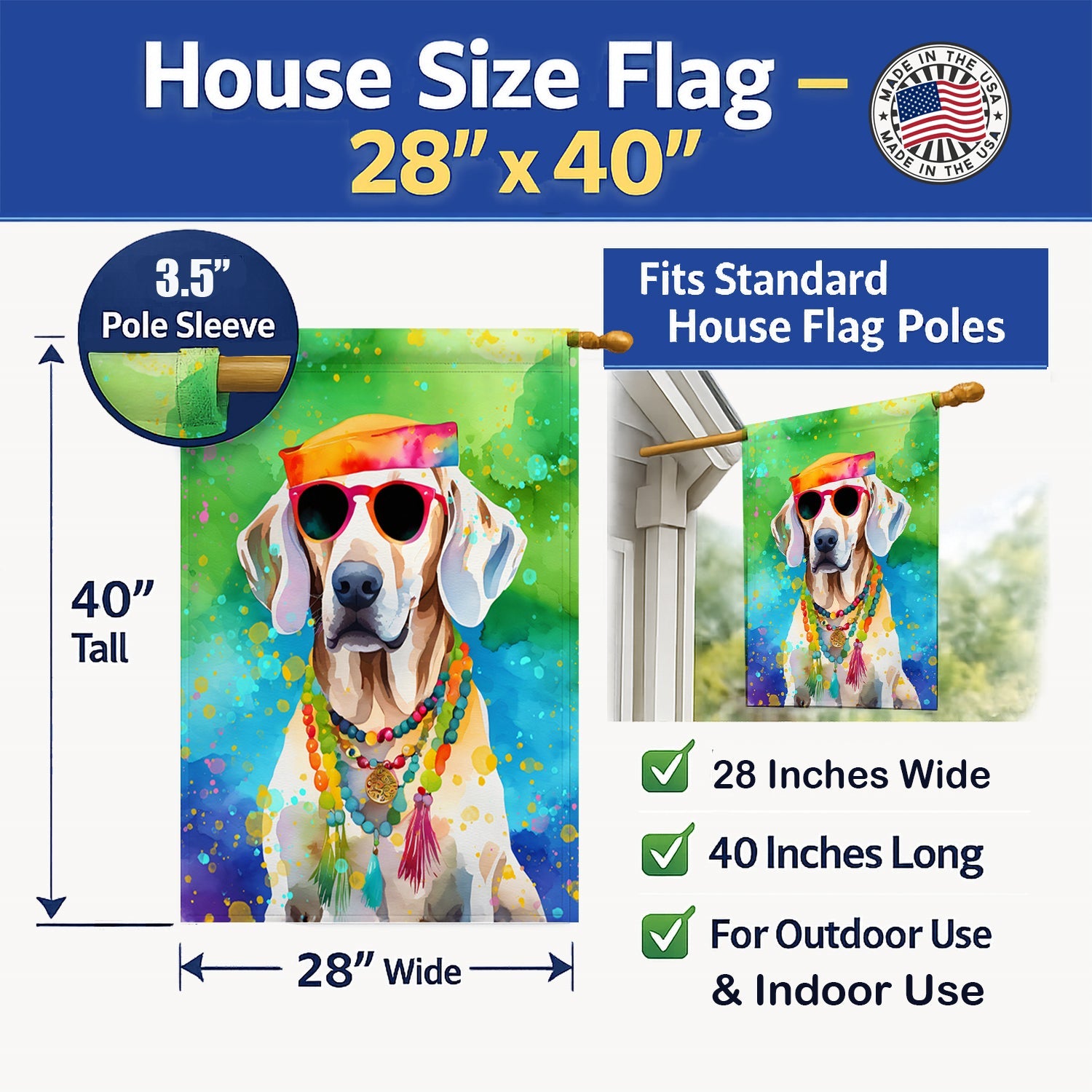 Weimaraner Hippie Dawg House Flag 28x40 Porch Sleeve Pole Decorative Outside Yard Banner Artwork Wall Hanging, Polyester