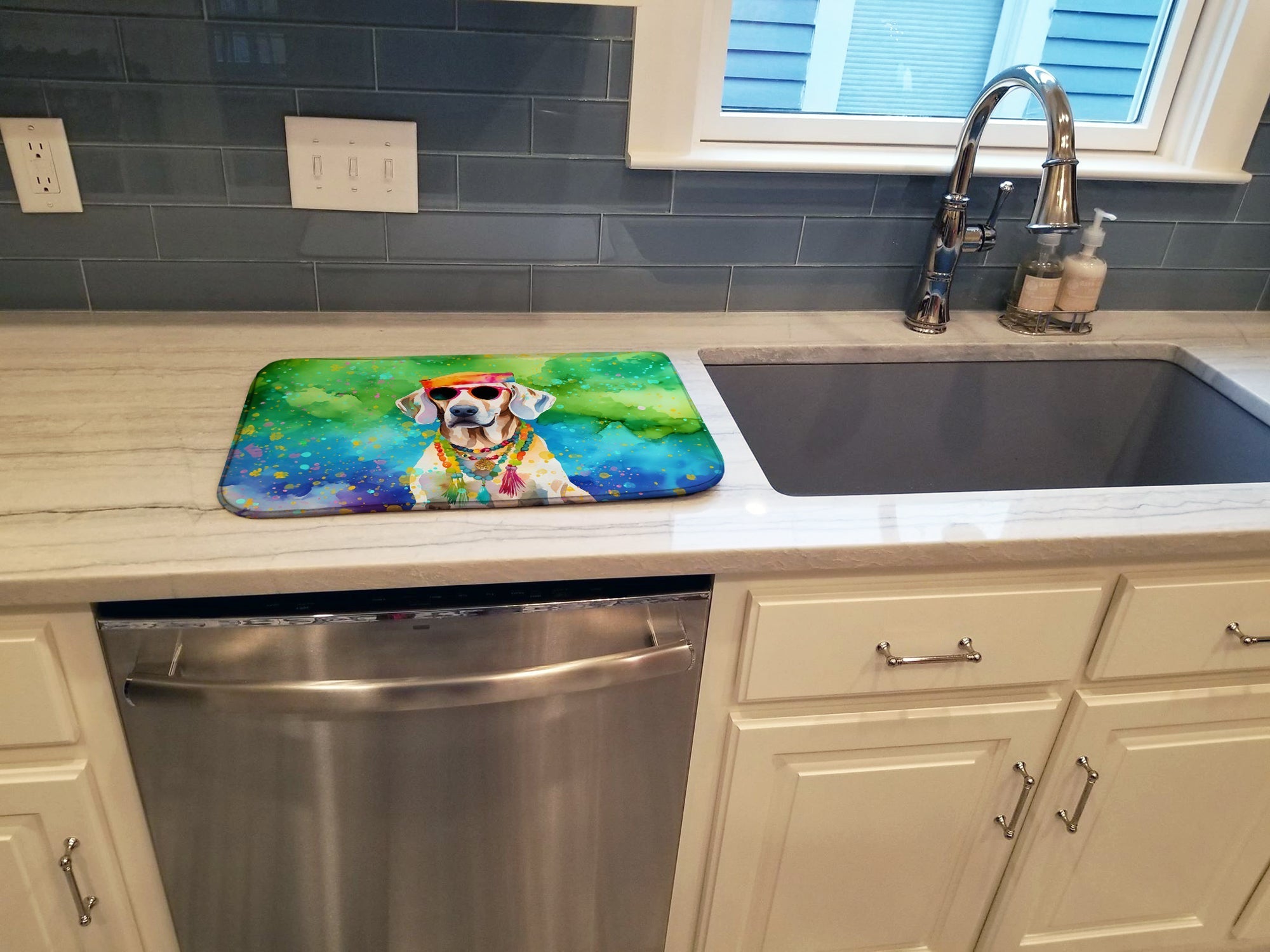 Weimaraner Hippie Dawg Dish Drying Mat Absorbent Dish Drying Mat Pad for Kitchen Counter Dish Drainer Mat for Countertop, 14 x 21", Multicolor