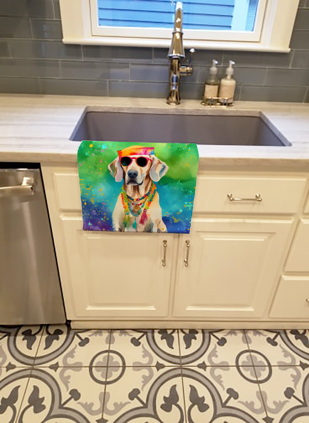 Weimaraner Hippie Dawg Kitchen Towel Velour Plush Front and Cotton Loop Back Machine Washable