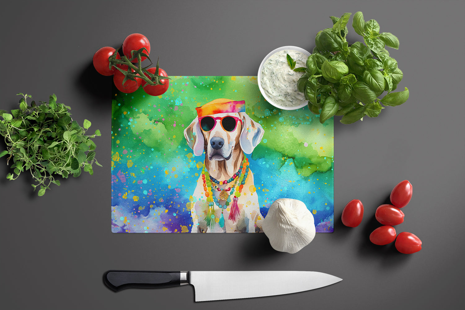 Weimaraner Hippie Dawg Cutting Board Tempered Glass Kitchen Cutting Surface, Heat Resistant Chopping, Non-Slip Feet, Food Prep & Serving