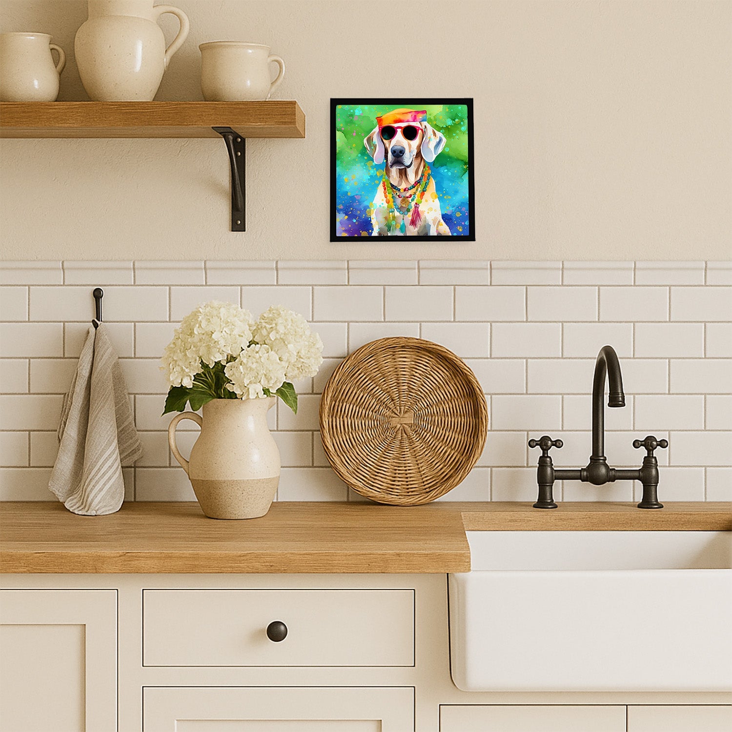 Weimaraner Hippie Dawg Framed Metal Print Bathroom, Kitchen, Office, Home Decor Wall Art Ready to Hang, Square, 8X8