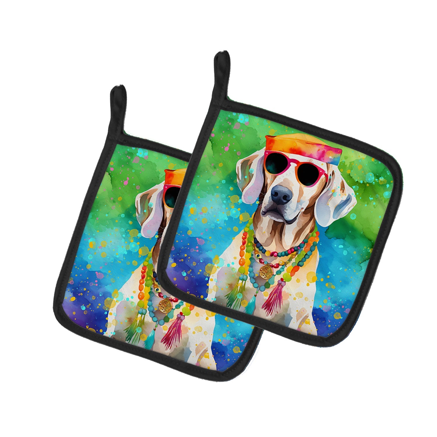 Weimaraner Hippie Dawg Pot Holder Set of 2 Heat Resistant Quilted Hot Pads 7.5 x 7.5 Inch, Insulated Kitchen Trivets for Cooking & Baking