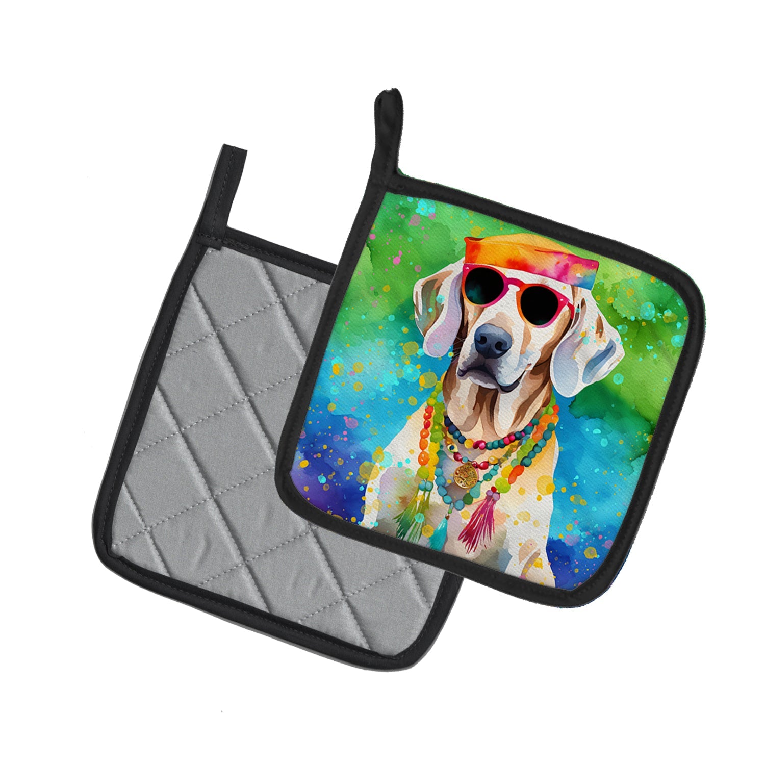 Weimaraner Hippie Dawg Pot Holder Set of 2 Heat Resistant Quilted Hot Pads 7.5 x 7.5 Inch, Insulated Kitchen Trivets for Cooking & Baking