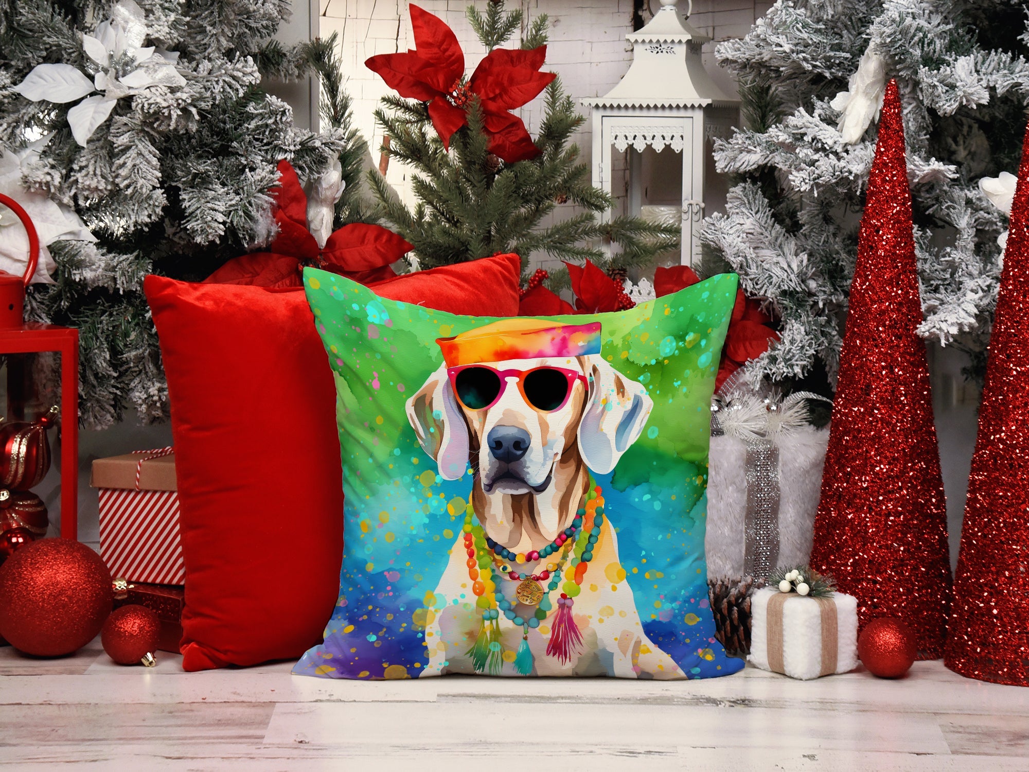 Weimaraner Hippie Dawg Decorative Throw Pillow 14x14 Indoor Outdoor Accent Cushion, Fabric Cover with Insert for Sofa, Bed, Porch & Living Room