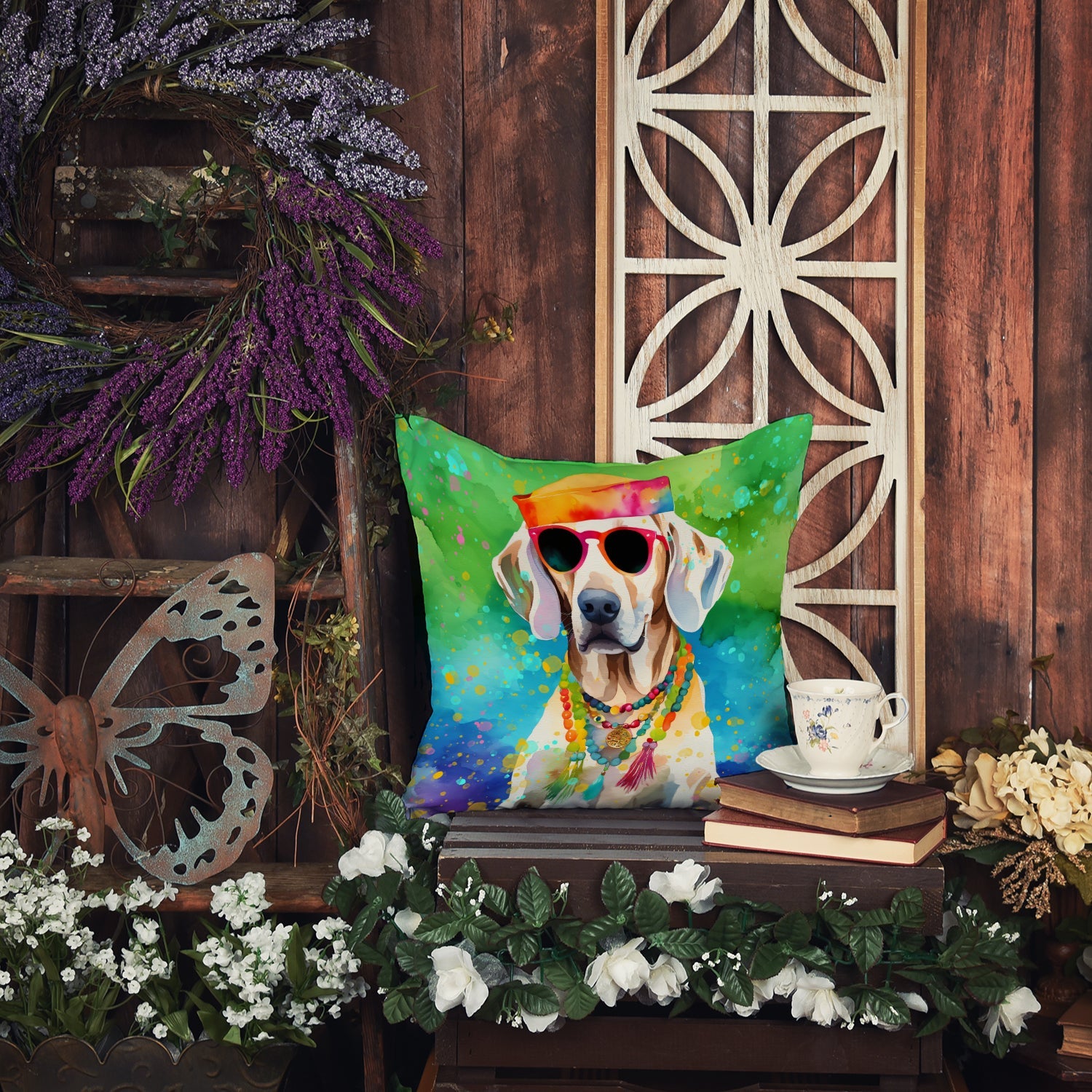 Weimaraner Hippie Dawg Decorative Throw Pillow 14x14 Indoor Outdoor Accent Cushion, Fabric Cover with Insert for Sofa, Bed, Porch & Living Room