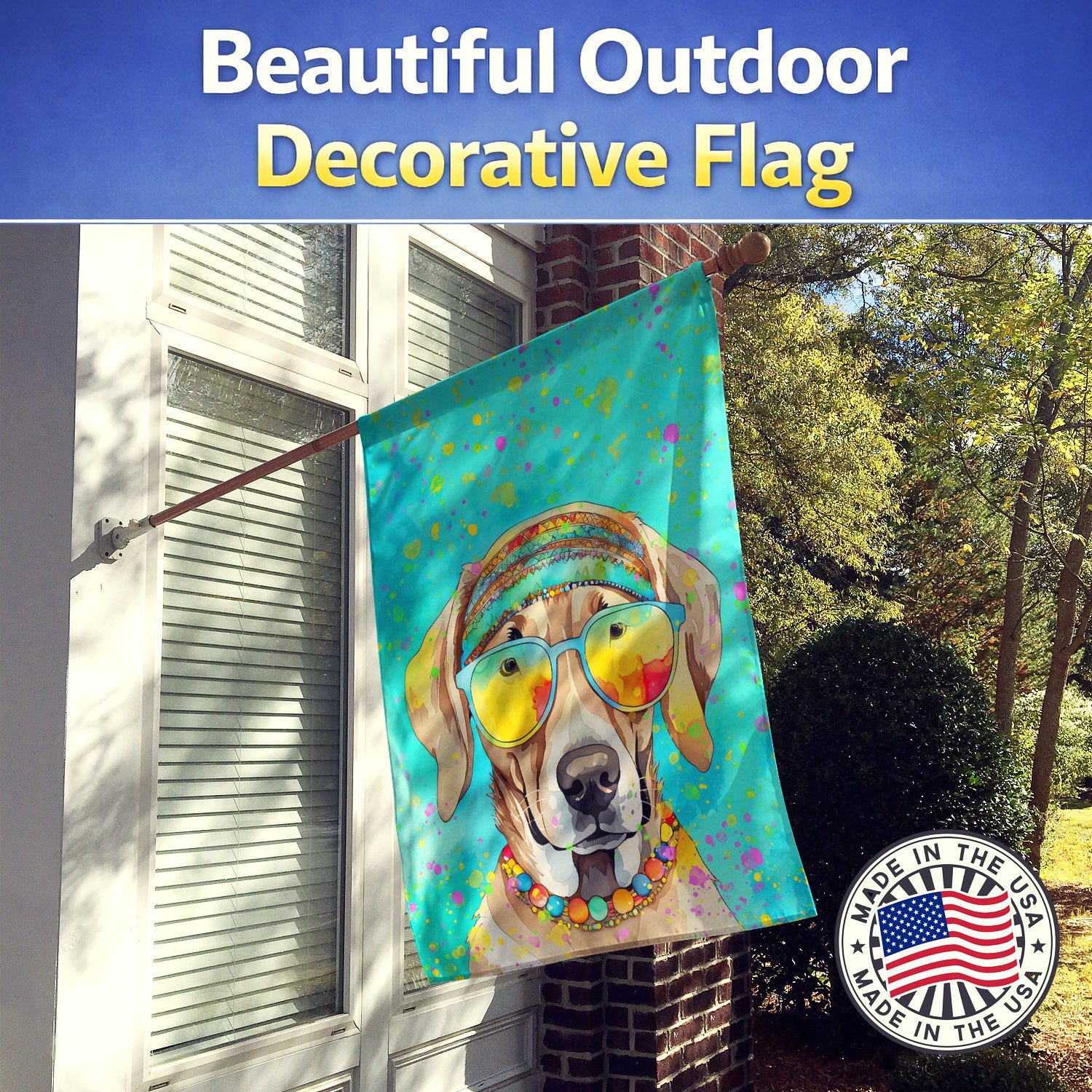 Weimaraner Hippie Dawg House Flag 28x40 Porch Sleeve Pole Decorative Outside Yard Banner Artwork Wall Hanging, Polyester