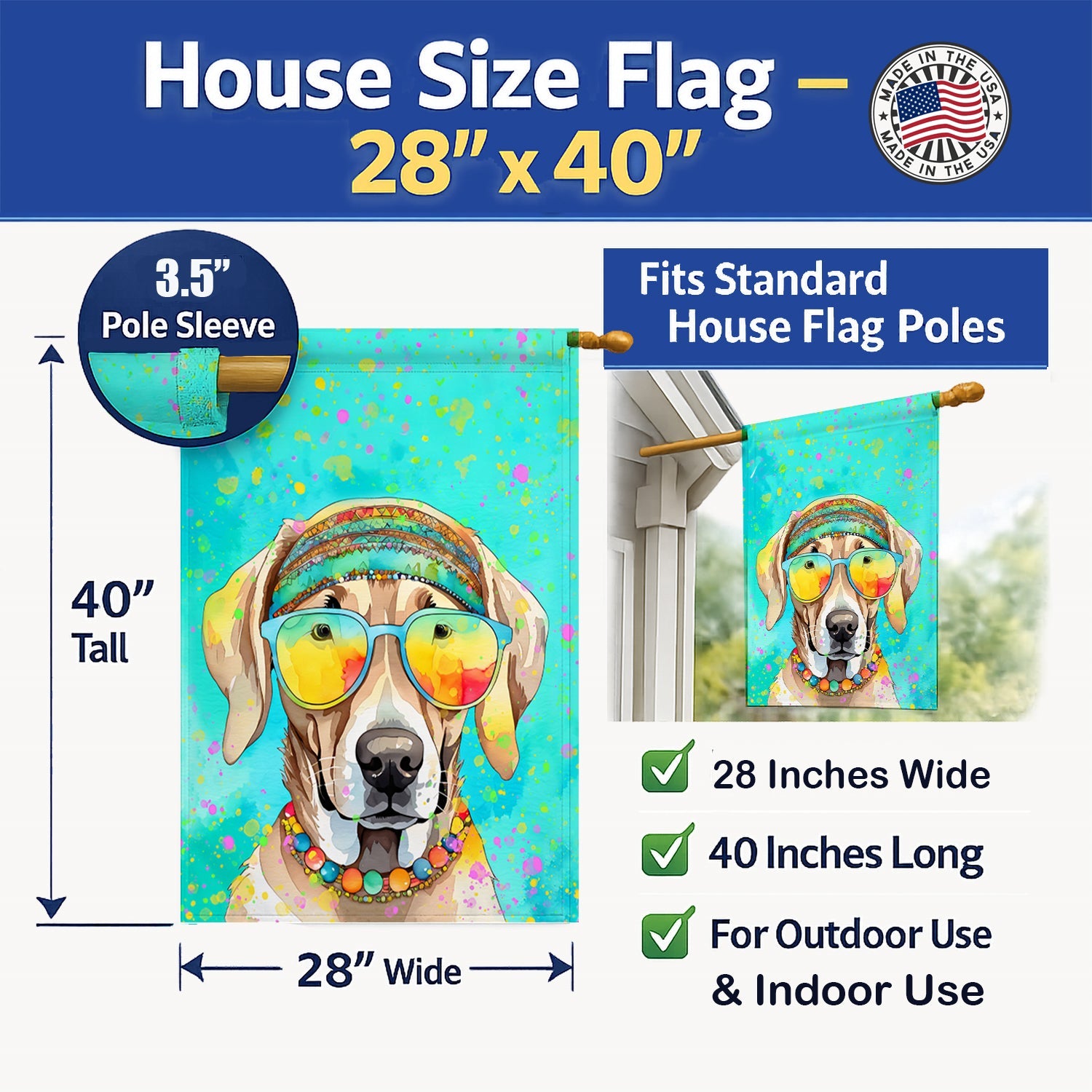 Weimaraner Hippie Dawg House Flag 28x40 Porch Sleeve Pole Decorative Outside Yard Banner Artwork Wall Hanging, Polyester