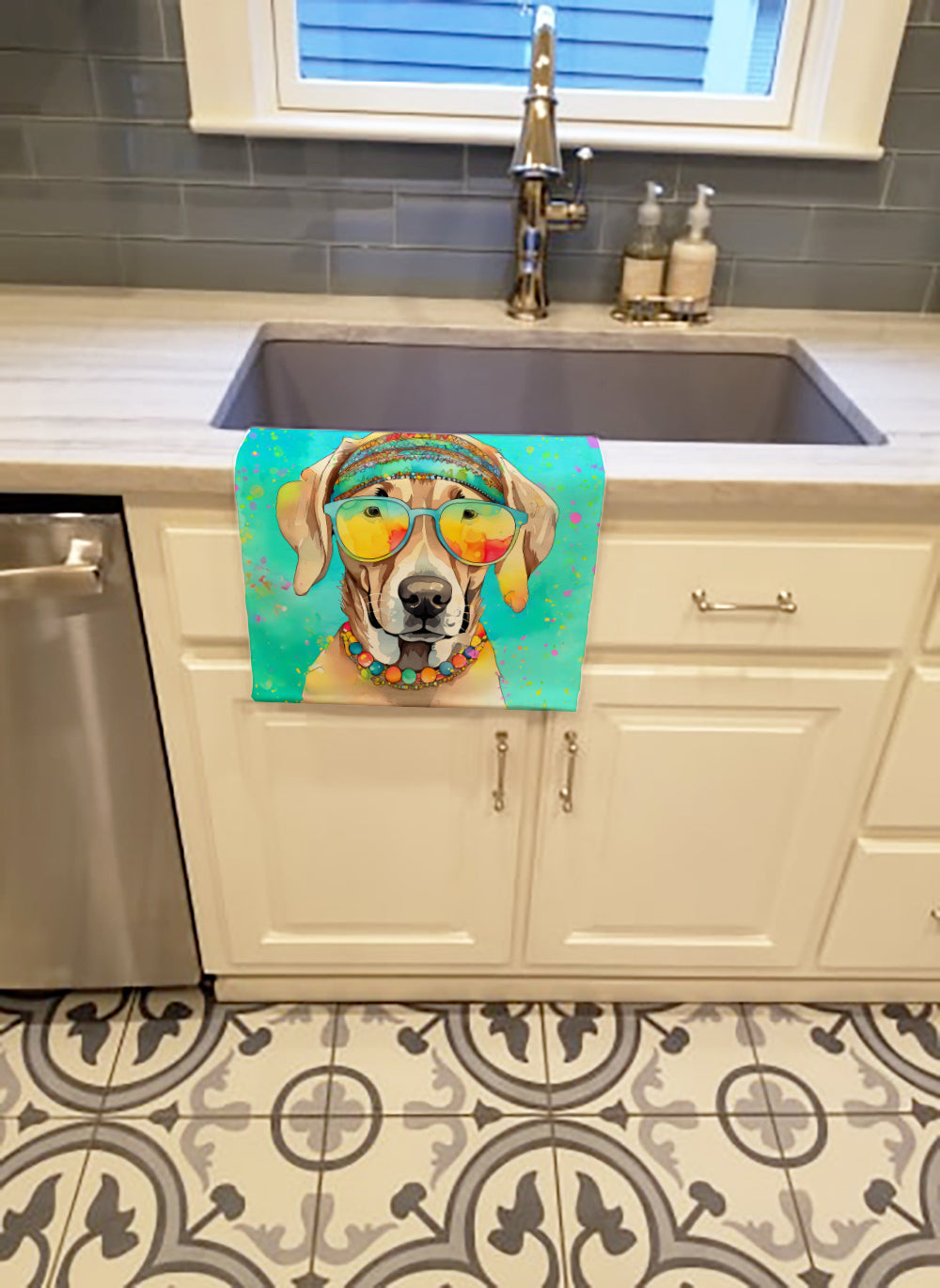 Weimaraner Hippie Dawg Kitchen Towel Velour Plush Front and Cotton Loop Back Machine Washable