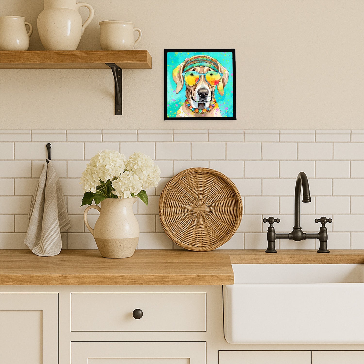 Weimaraner Hippie Dawg Framed Metal Print Bathroom, Kitchen, Office, Home Decor Wall Art Ready to Hang, Square, 8X8