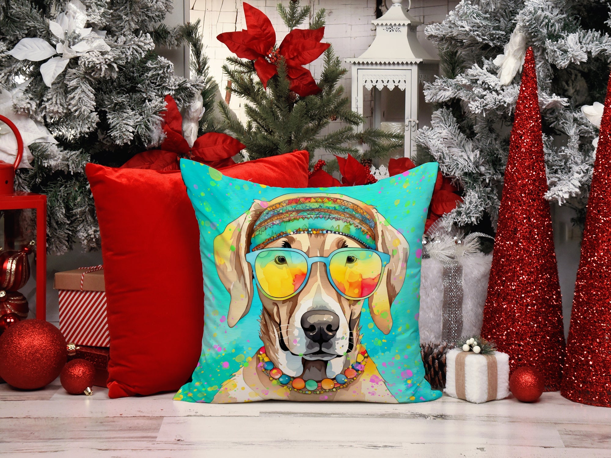 Weimaraner Hippie Dawg Decorative Throw Pillow 14x14 Indoor Outdoor Accent Cushion, Fabric Cover with Insert for Sofa, Bed, Porch & Living Room