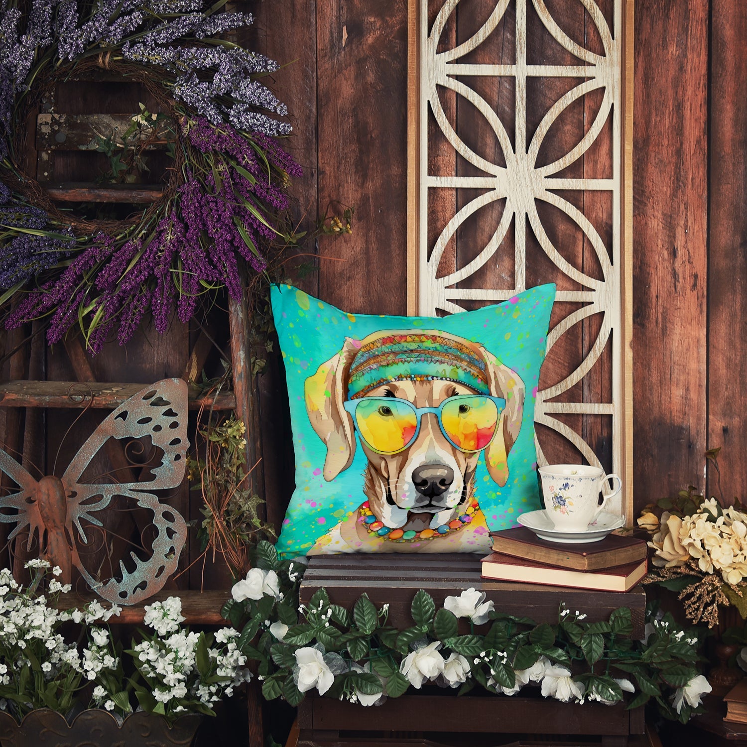 Weimaraner Hippie Dawg Decorative Throw Pillow 14x14 Indoor Outdoor Accent Cushion, Fabric Cover with Insert for Sofa, Bed, Porch & Living Room