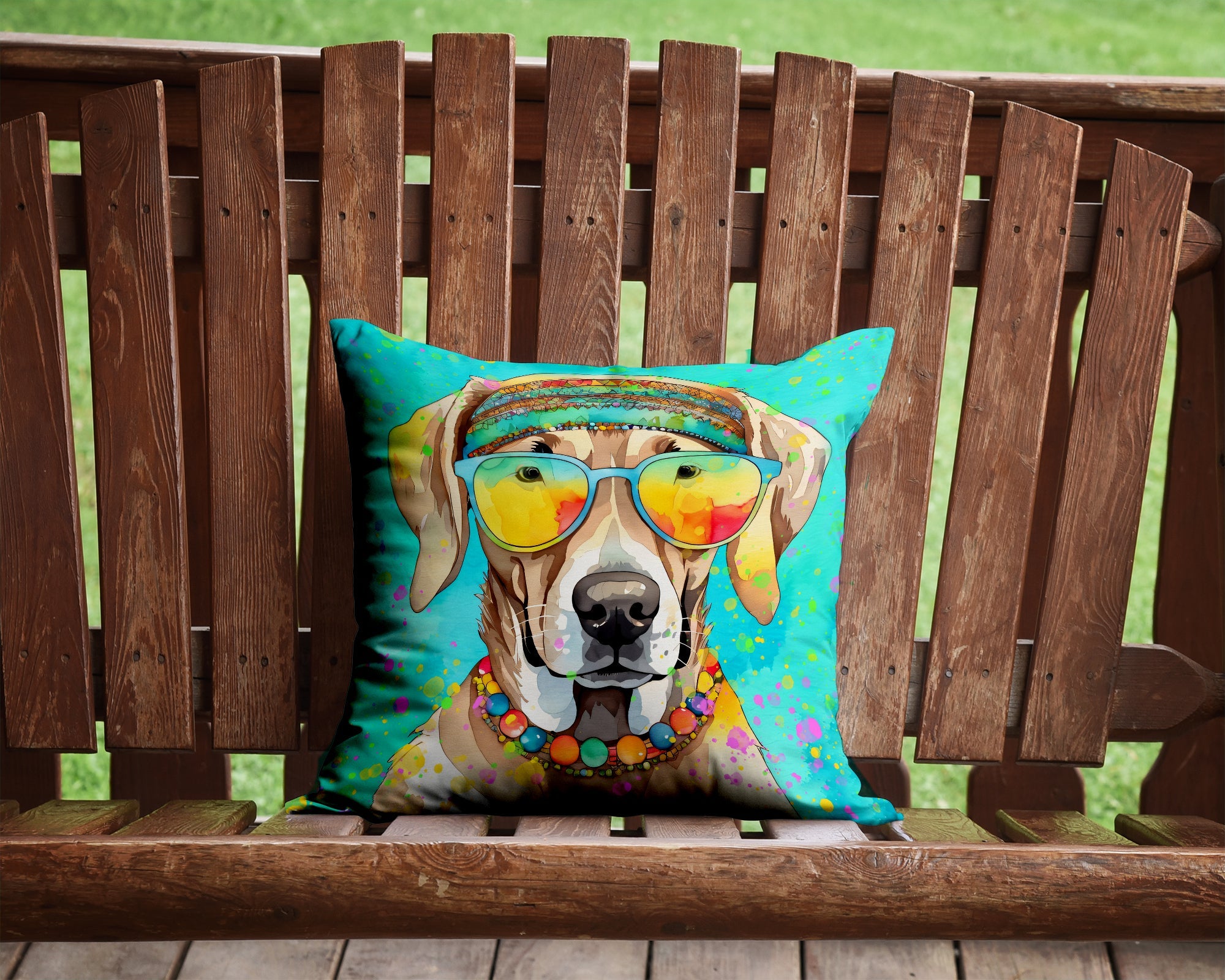 Weimaraner Hippie Dawg Decorative Throw Pillow 14x14 Indoor Outdoor Accent Cushion, Fabric Cover with Insert for Sofa, Bed, Porch & Living Room