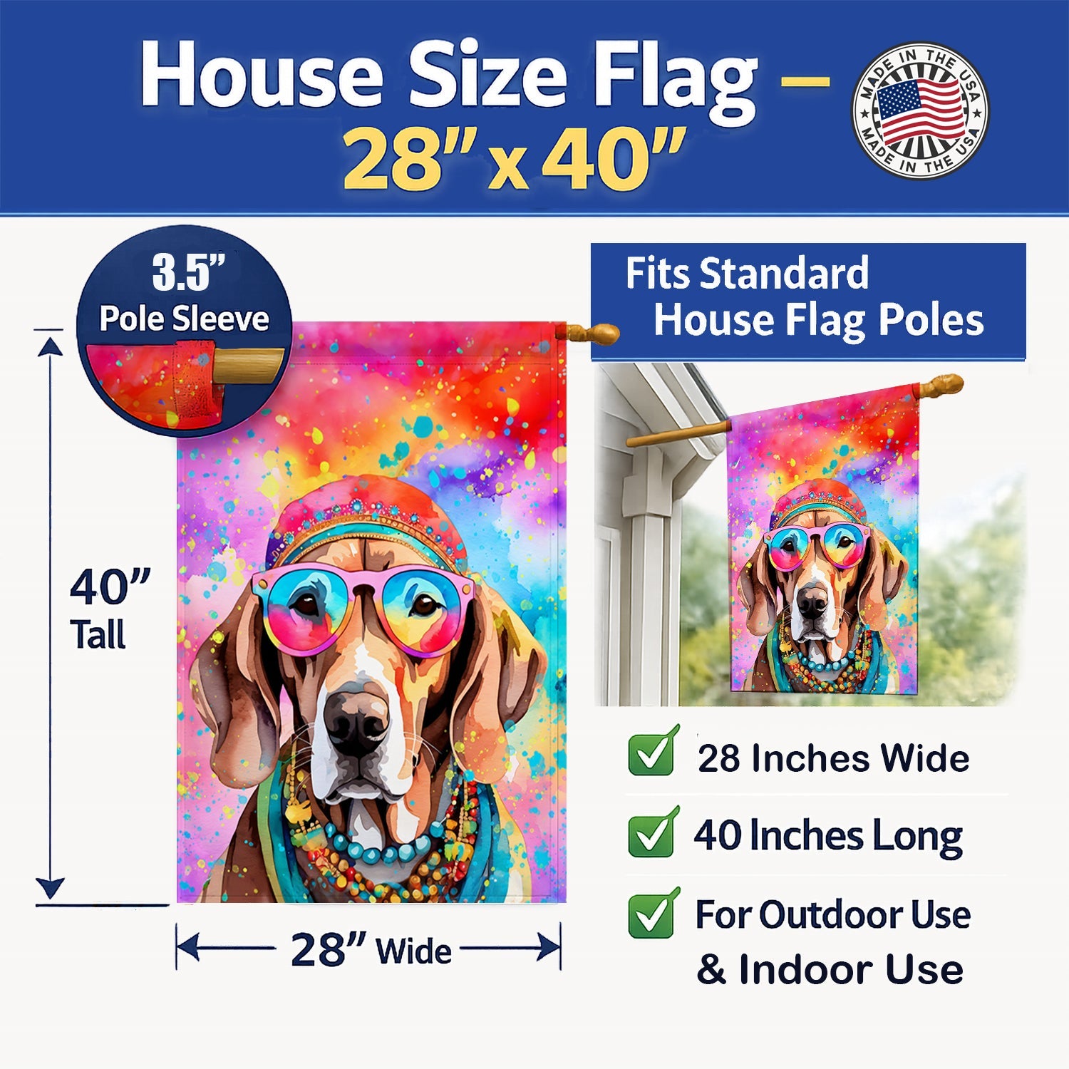 Weimaraner Hippie Dawg House Flag 28x40 Porch Sleeve Pole Decorative Outside Yard Banner Artwork Wall Hanging, Polyester