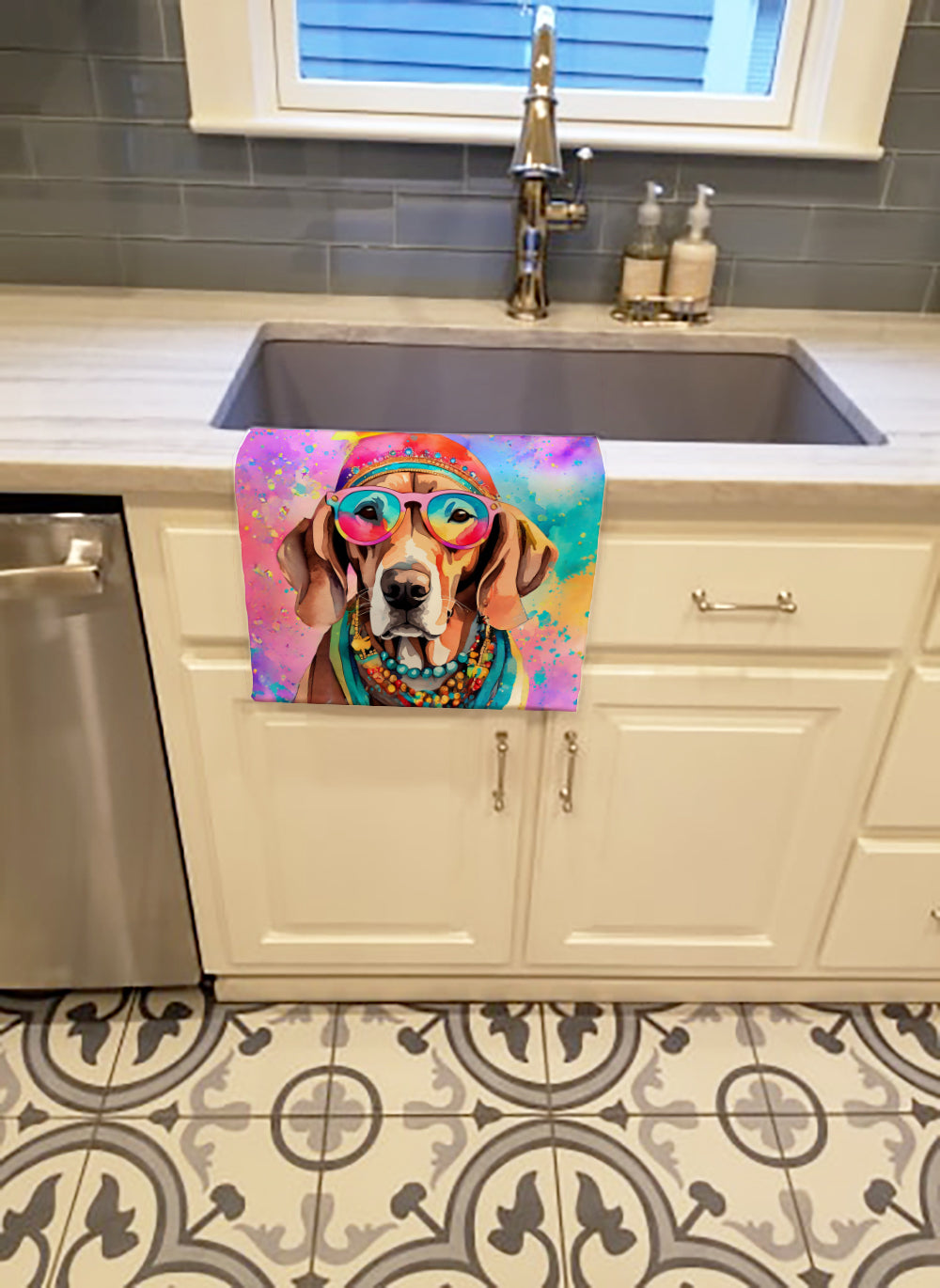 Weimaraner Hippie Dawg Kitchen Towel Velour Plush Front and Cotton Loop Back Machine Washable