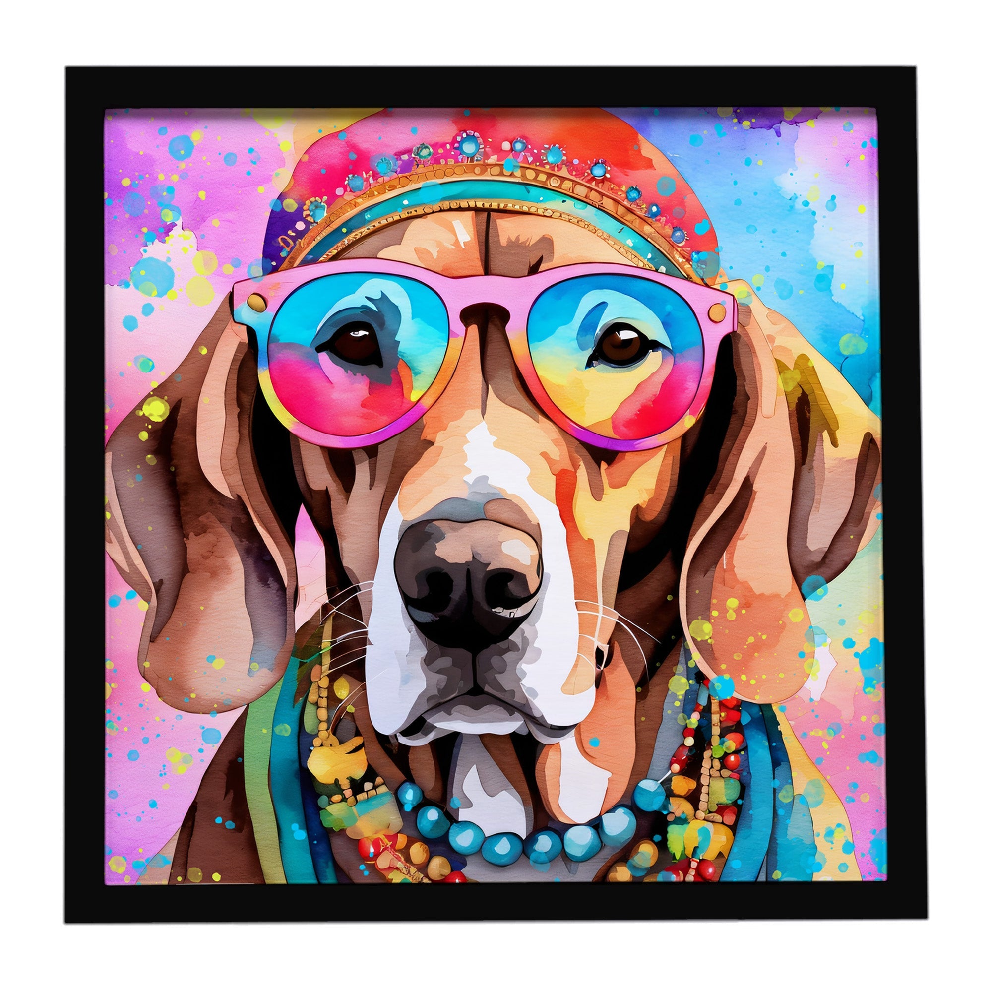 Weimaraner Hippie Dawg Framed Metal Print Bathroom, Kitchen, Office, Home Decor Wall Art Ready to Hang, Square, 8X8