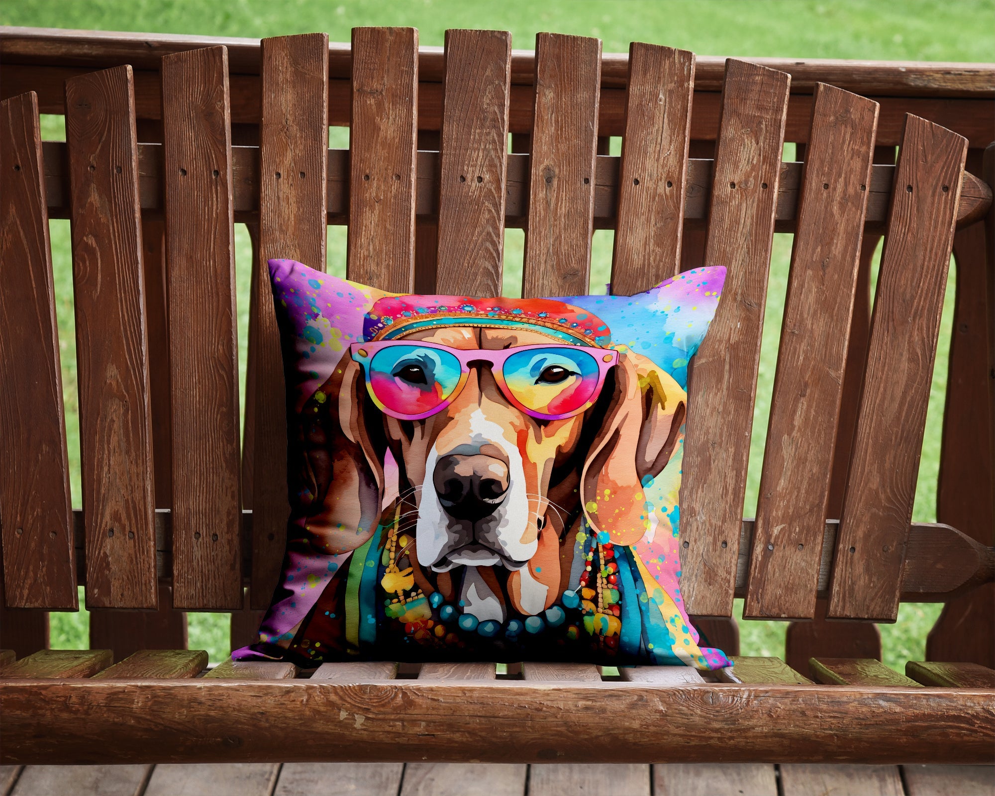 Weimaraner Hippie Dawg Decorative Throw Pillow 14x14 Indoor Outdoor Accent Cushion, Fabric Cover with Insert for Sofa, Bed, Porch & Living Room