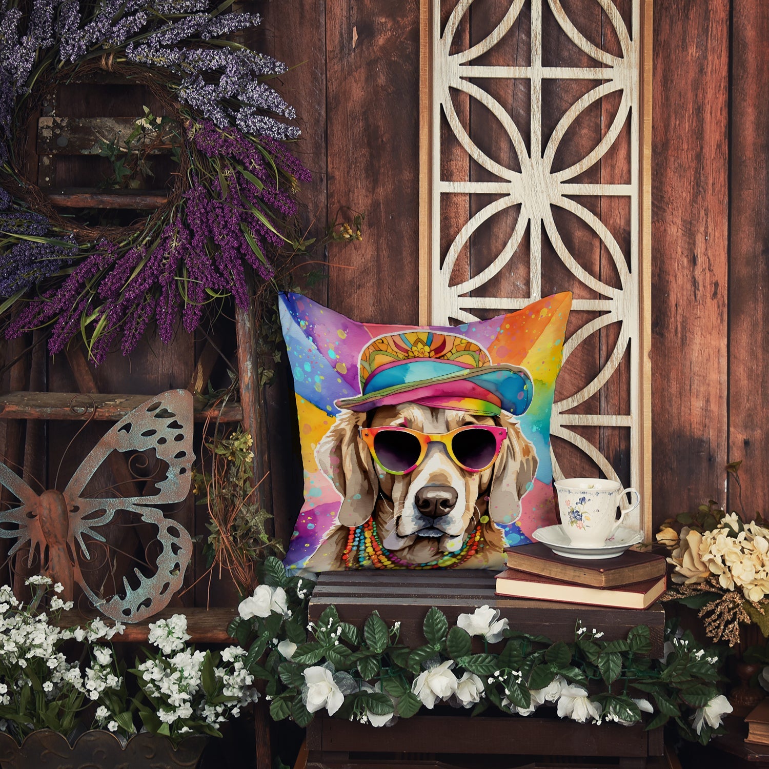 Weimaraner Hippie Dawg Decorative Throw Pillow 14x14 Indoor Outdoor Accent Cushion, Fabric Cover with Insert for Sofa, Bed, Porch & Living Room
