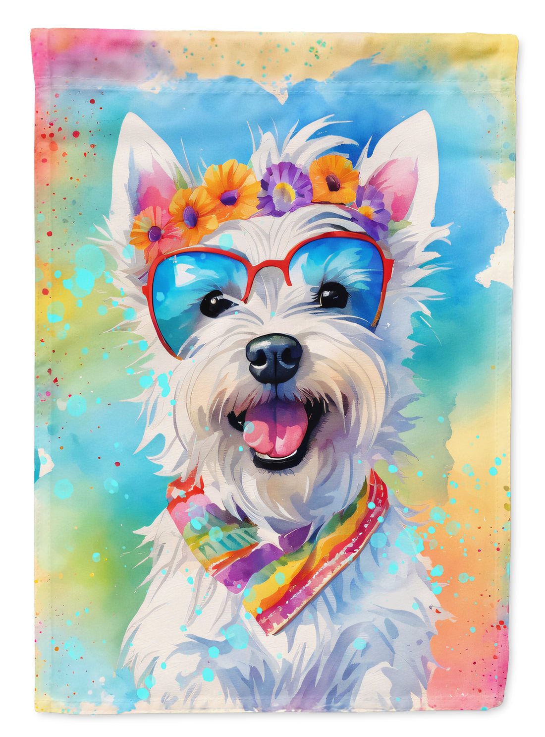 Westie Hippie Dawg House Flag 28x40 Porch Sleeve Pole Decorative Outside Yard Banner Artwork Wall Hanging, Polyester