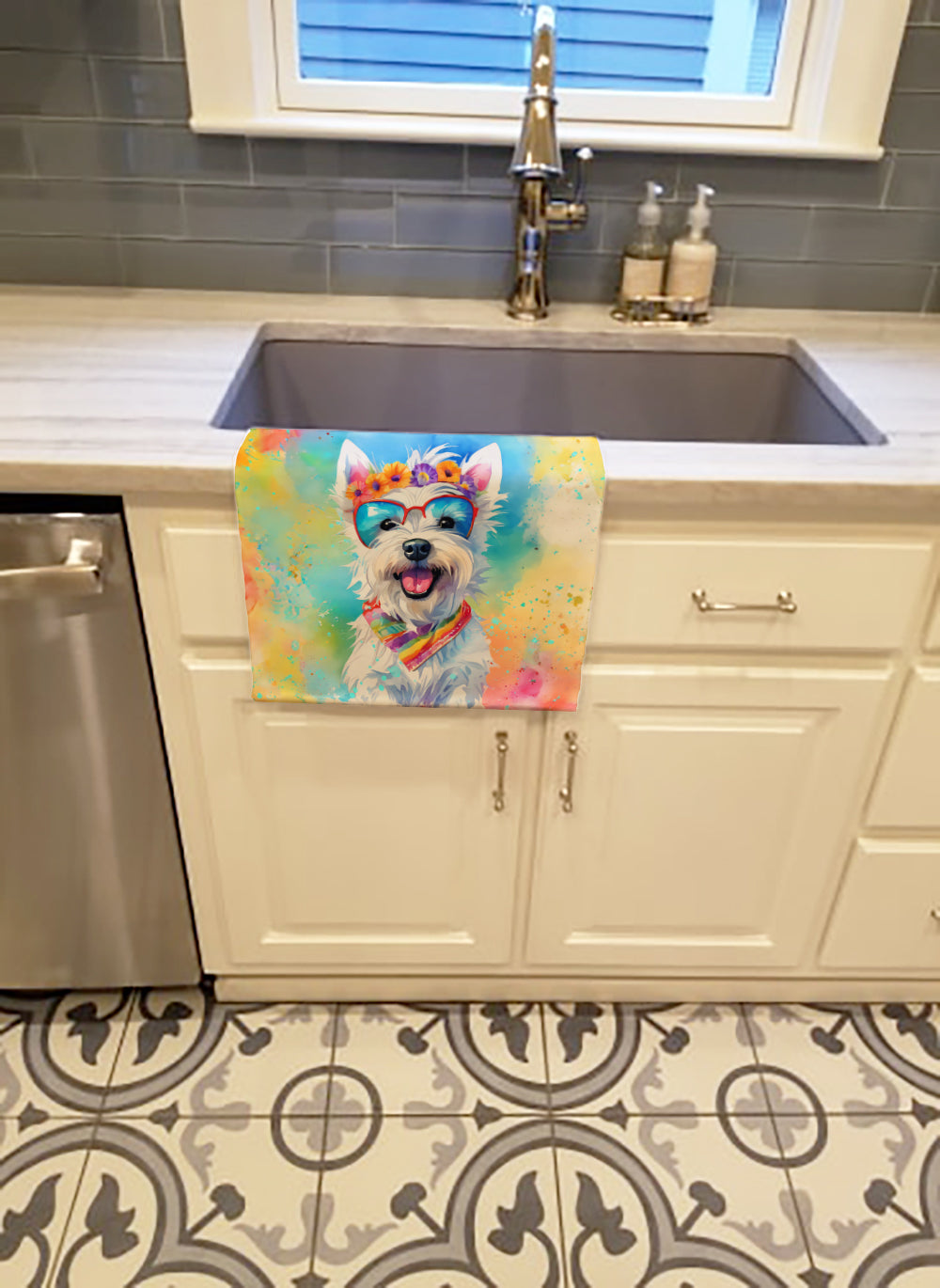 Westie Hippie Dawg Kitchen Towel Velour Plush Front and Cotton Loop Back Machine Washable