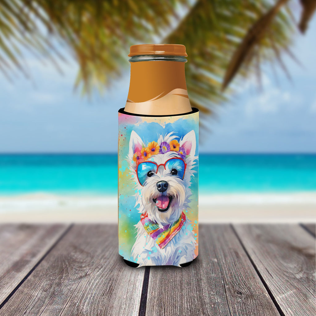 Westie Hippie Dawg Slim Can Hugger , Insulated Foam Hugger for 12 oz Slim Cans, Beer Bottles & Water Bottles, Printed in USA